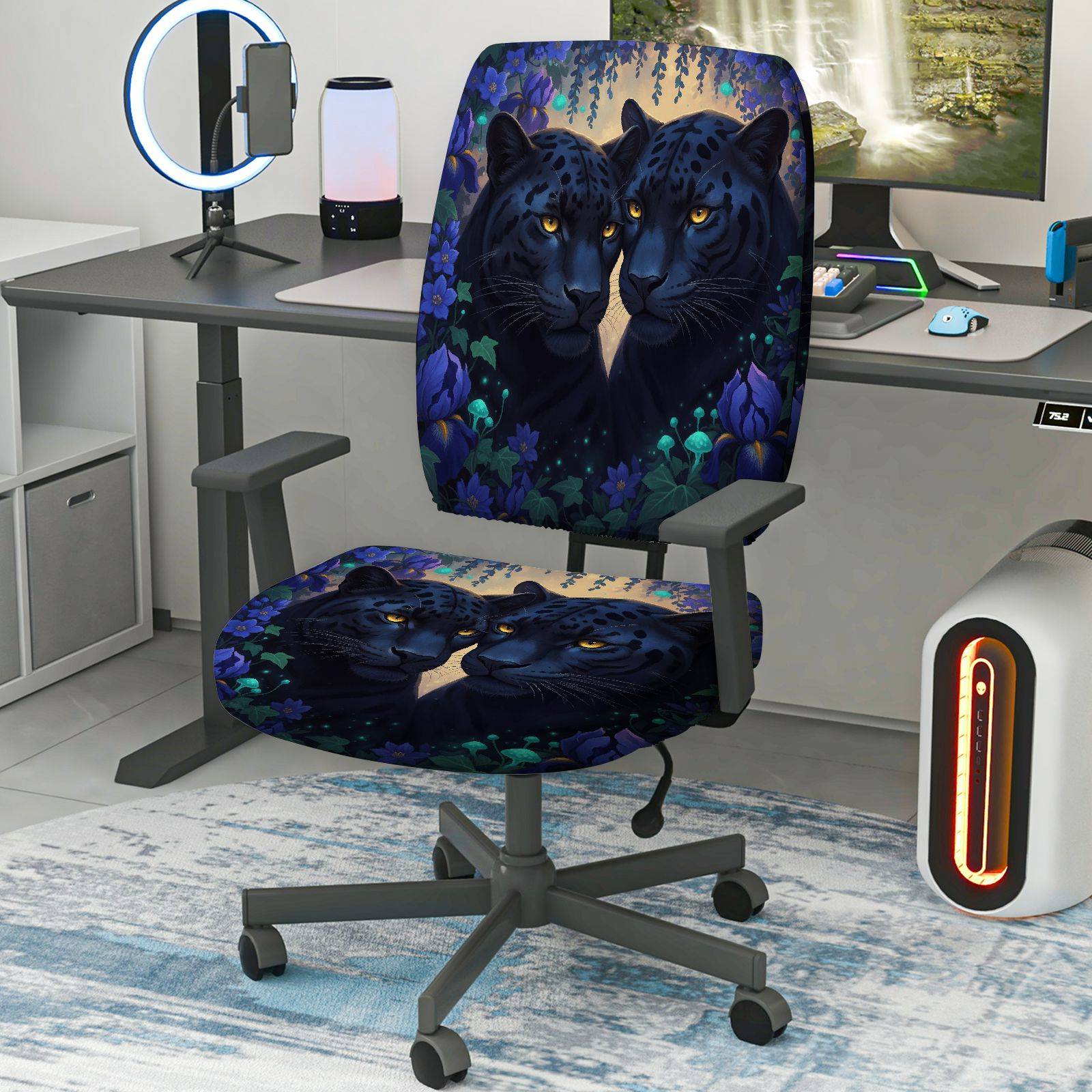 2-Piece Panther Animal Floral Art Decorative  Computer Chair Cover Set, Seat and Backrest