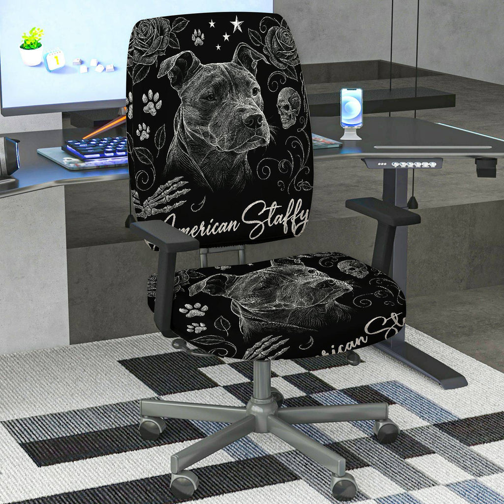 2-Piece American Staff Pitbull Skull Gothic Rose  Computer Chair Cover Set, Seat and Backrest