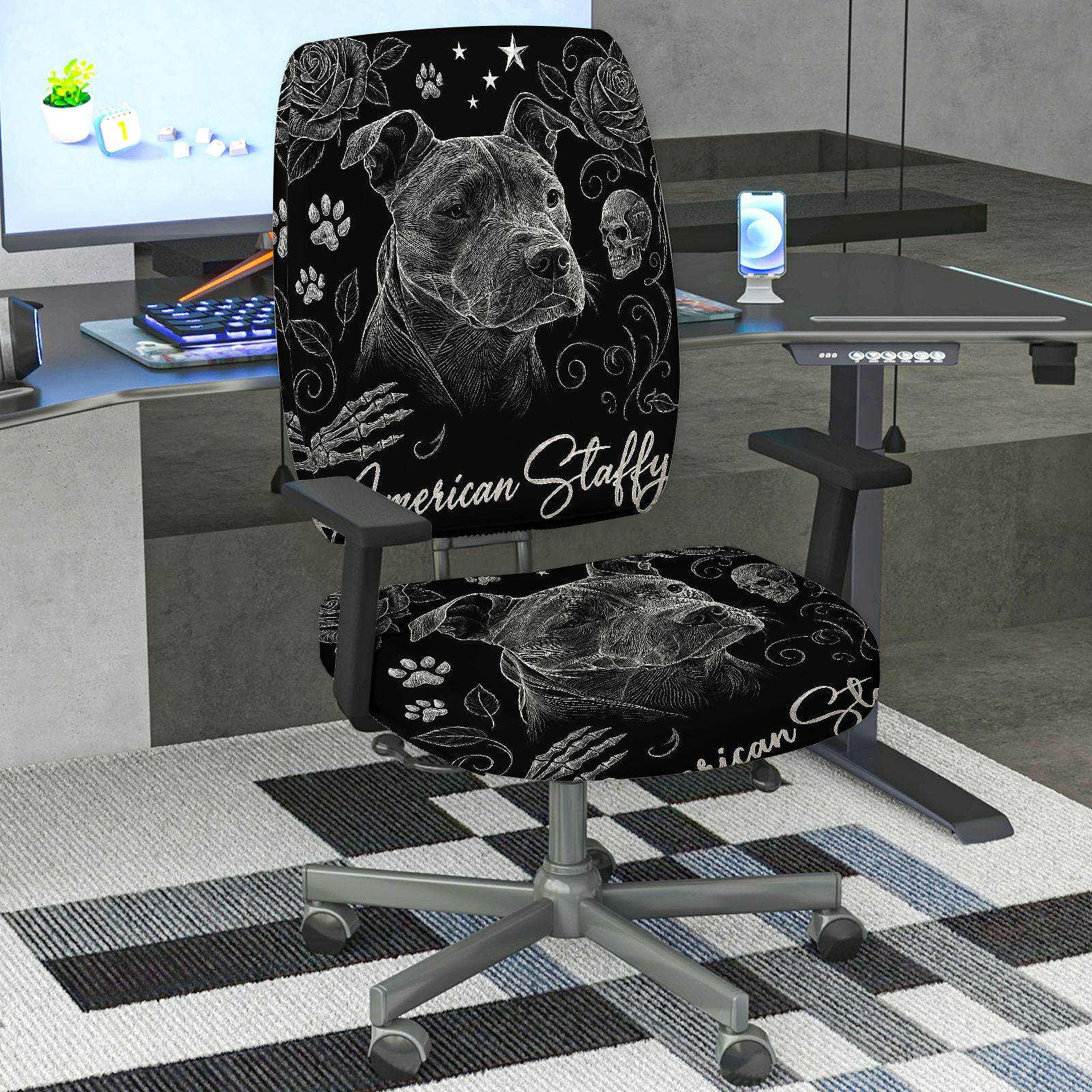 2-Piece American Staff Pitbull Skull Gothic Rose  Computer Chair Cover Set, Seat and Backrest