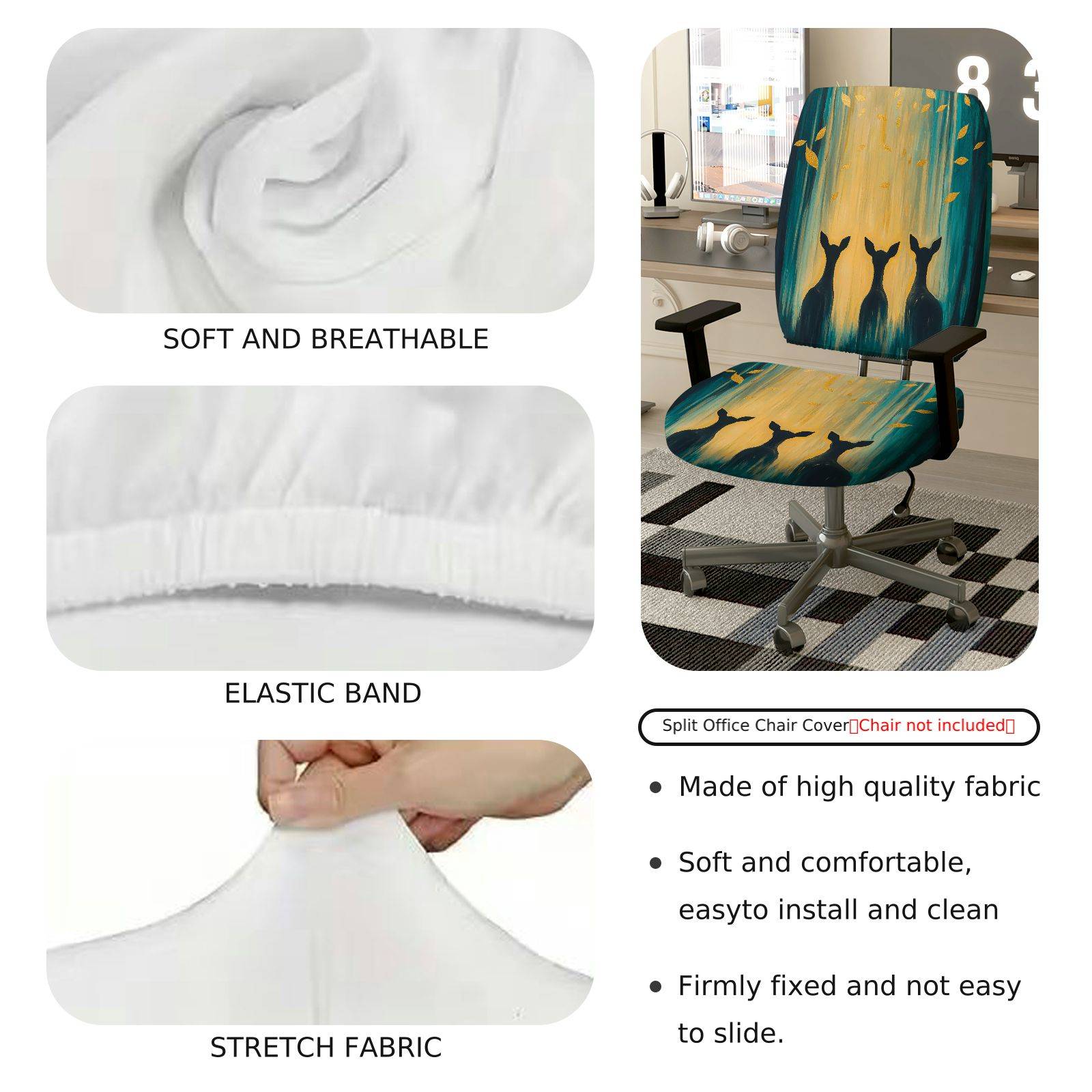 2-Piece Artistic Deer Silhouette Forest Gold Leaves Blue  Computer Chair Cover Set, Seat and Backrest