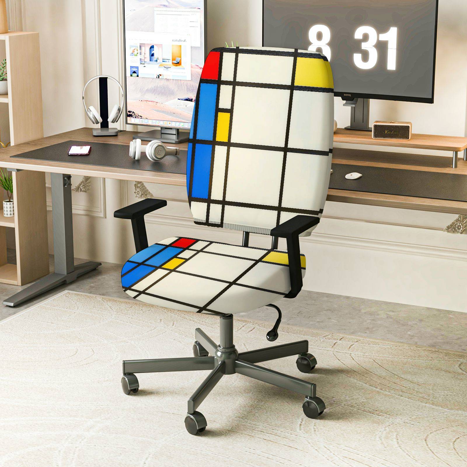 2-Piece Geometric Abstract Colorful Modern Artistic Trendy  Computer Chair Cover Set, Seat and Backrest