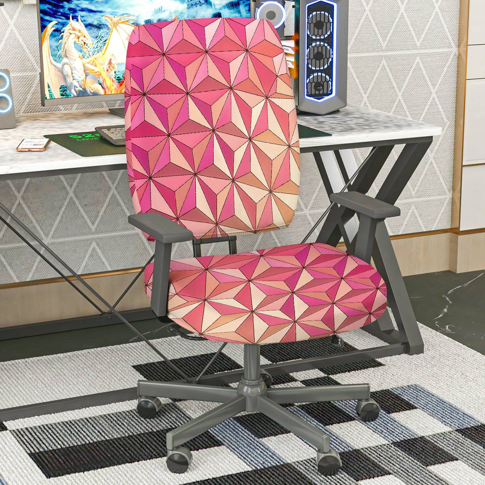 2-Piece Geometric Pink Pattern Modern Stylish  Computer Chair Cover Set, Seat and Backrest