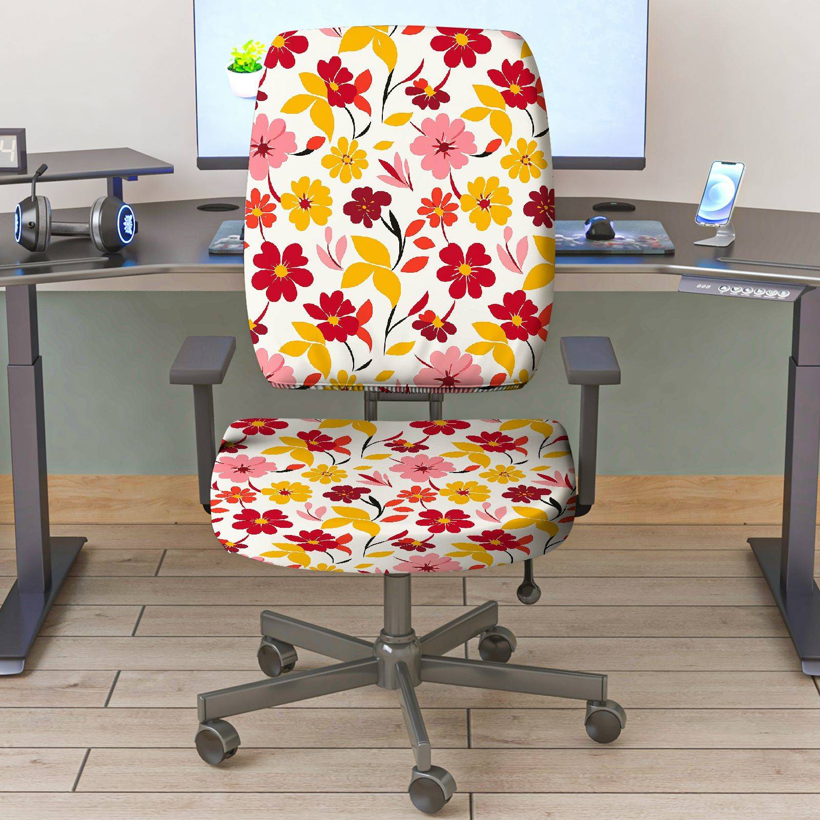 2-Piece Floral Pattern Red Yellow Pink Decorative  Computer Chair Cover Set, Seat and Backrest
