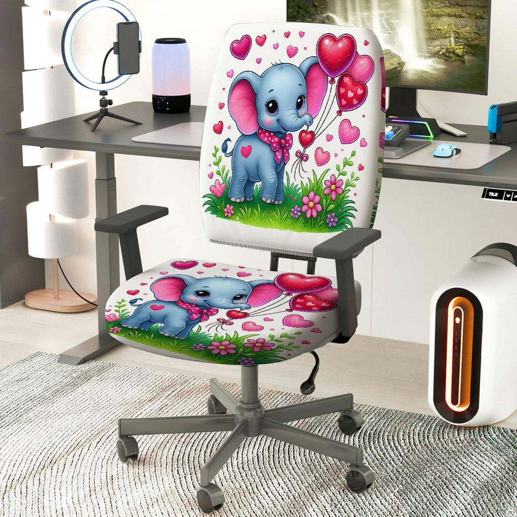 2-Piece Cute Elephant Heart Balloon Flower Grass  Computer Chair Cover Set, Seat and Backrest