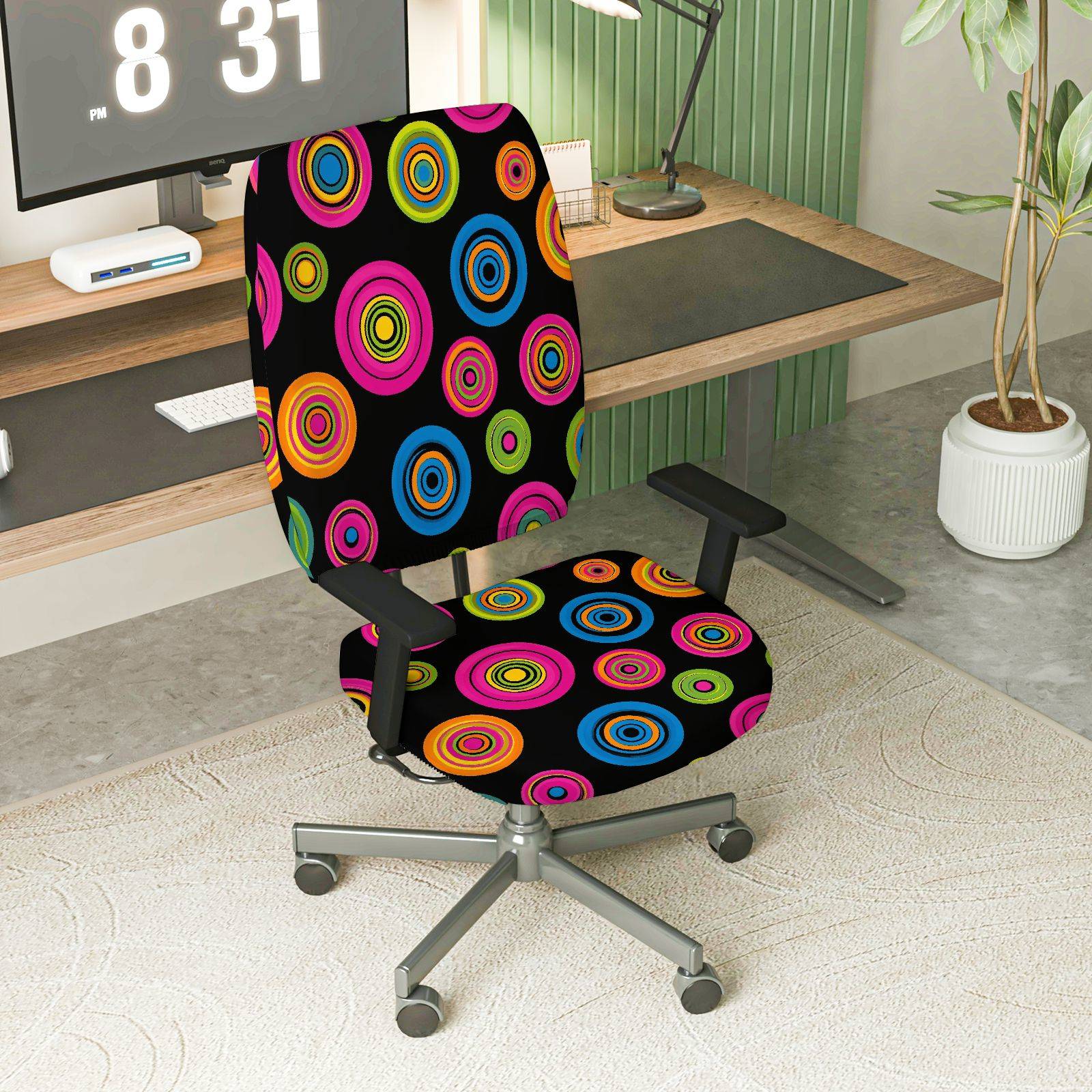 2-Piece Colorful Geometric Circle Fun Vibrant  Computer Chair Cover Set, Seat and Backrest