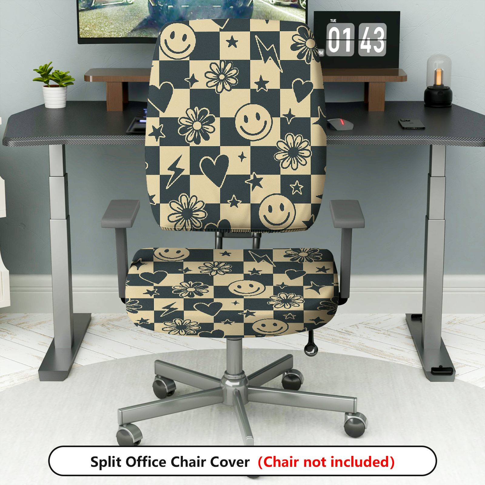 2-Piece Geometric Floral Smiley Hearts Stars  Computer Chair Cover Set, Seat and Backrest