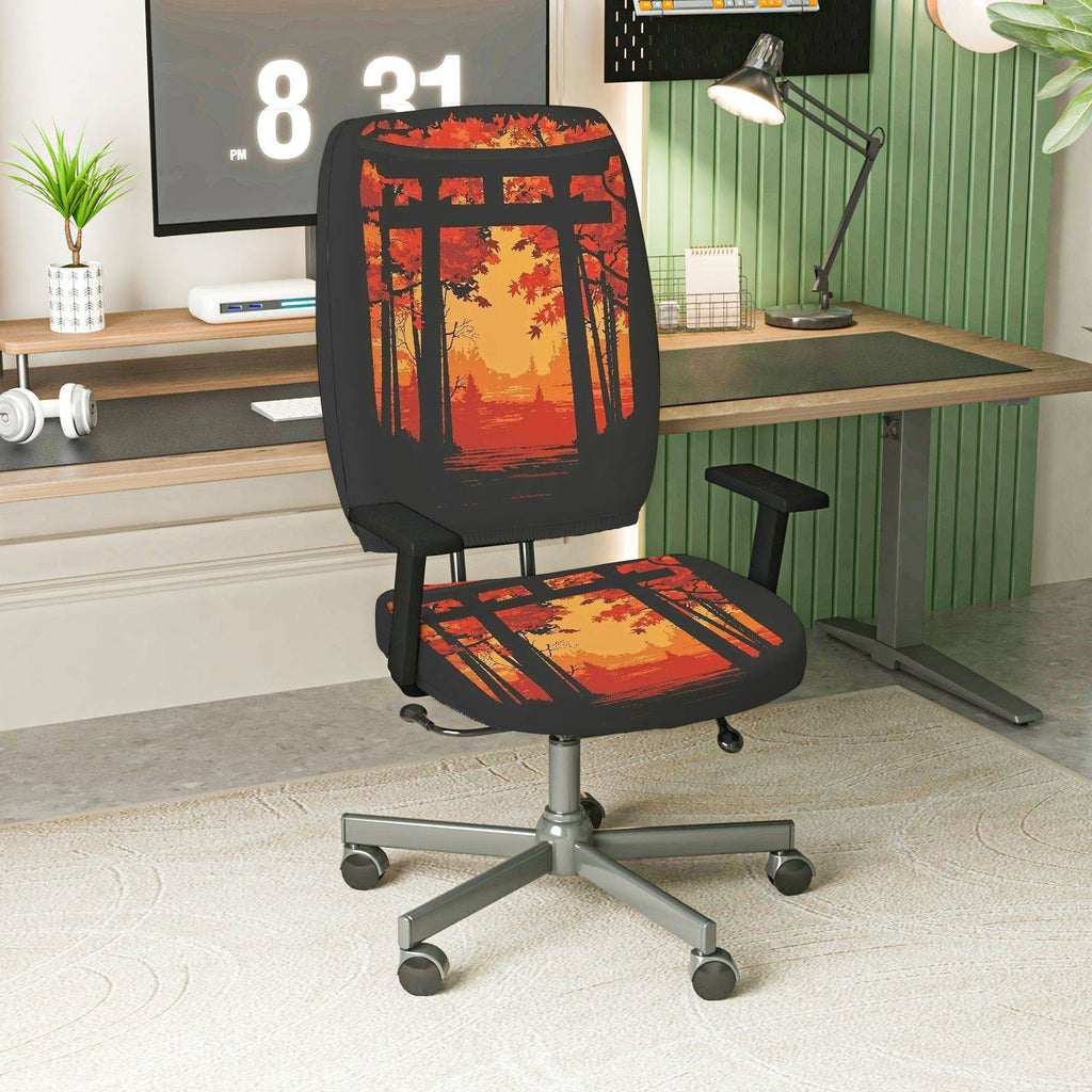 2-Piece Autumn Sunset Forest Gate Silhouette Scenery  Computer Chair Cover Set, Seat and Backrest