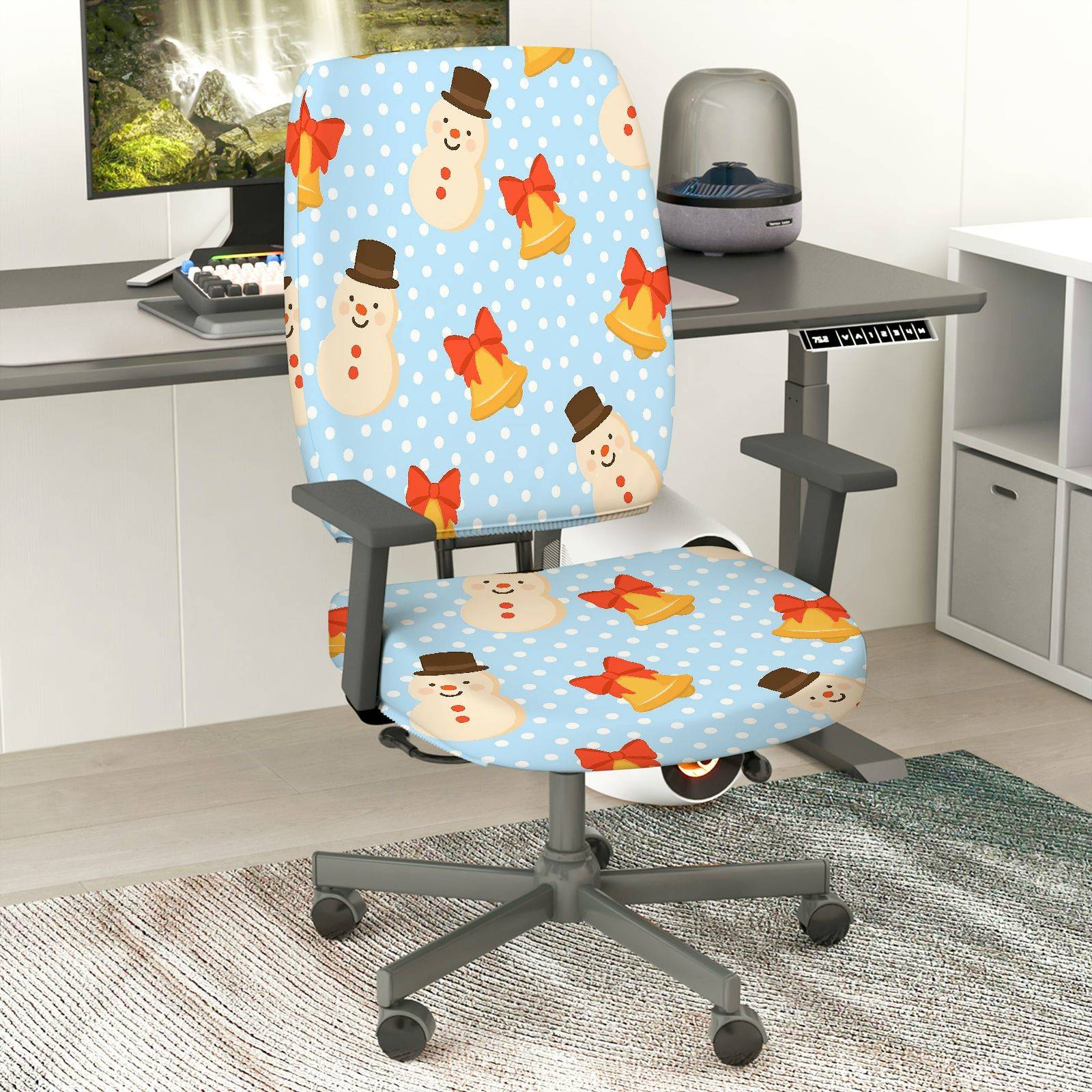 2-Piece Christmas Snowman Bell Polka Dots Decorative  Computer Chair Cover Set, Seat and Backrest