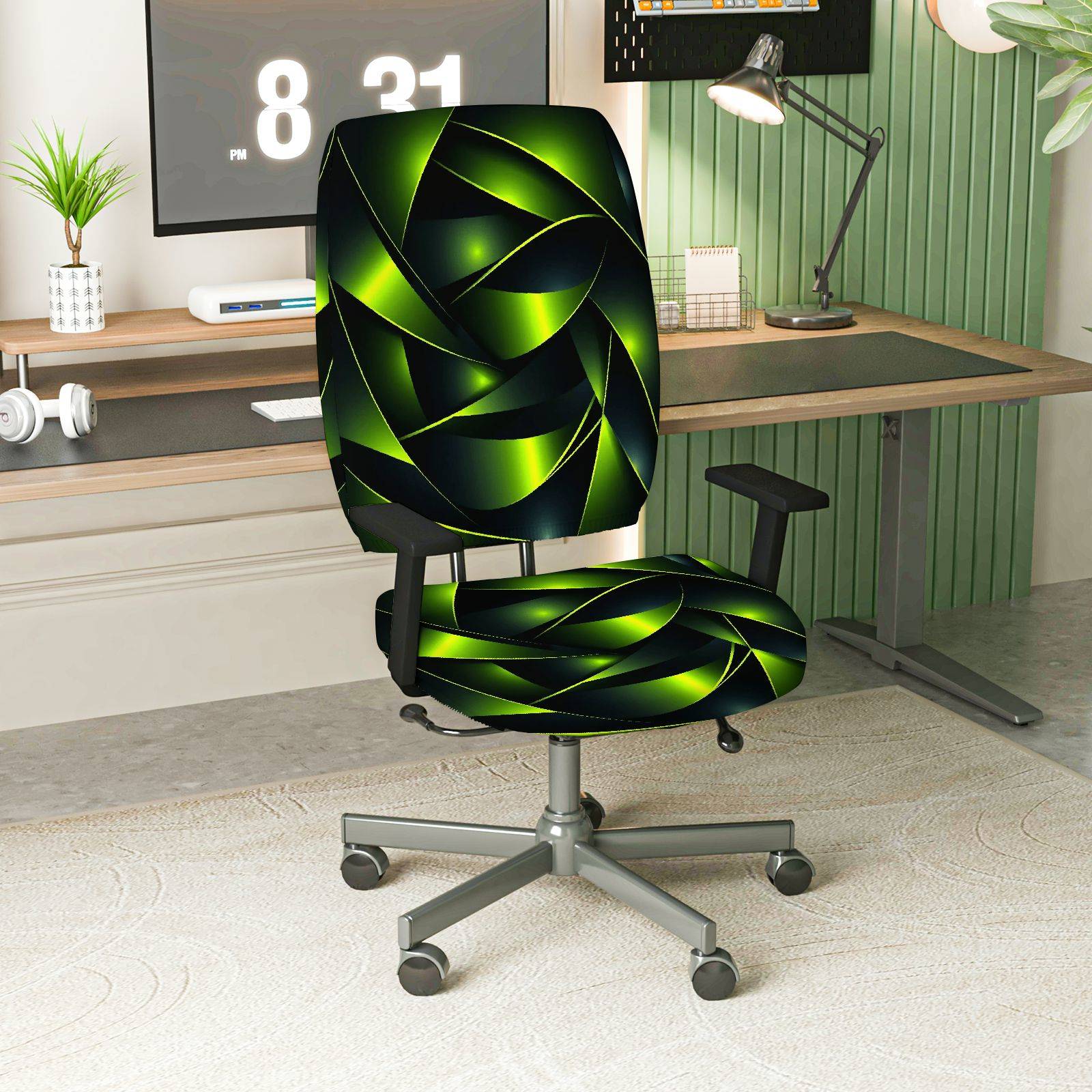 2-Piece Abstract Geometric Green Swirl Modern Decorative  Computer Chair Cover Set, Seat and Backrest