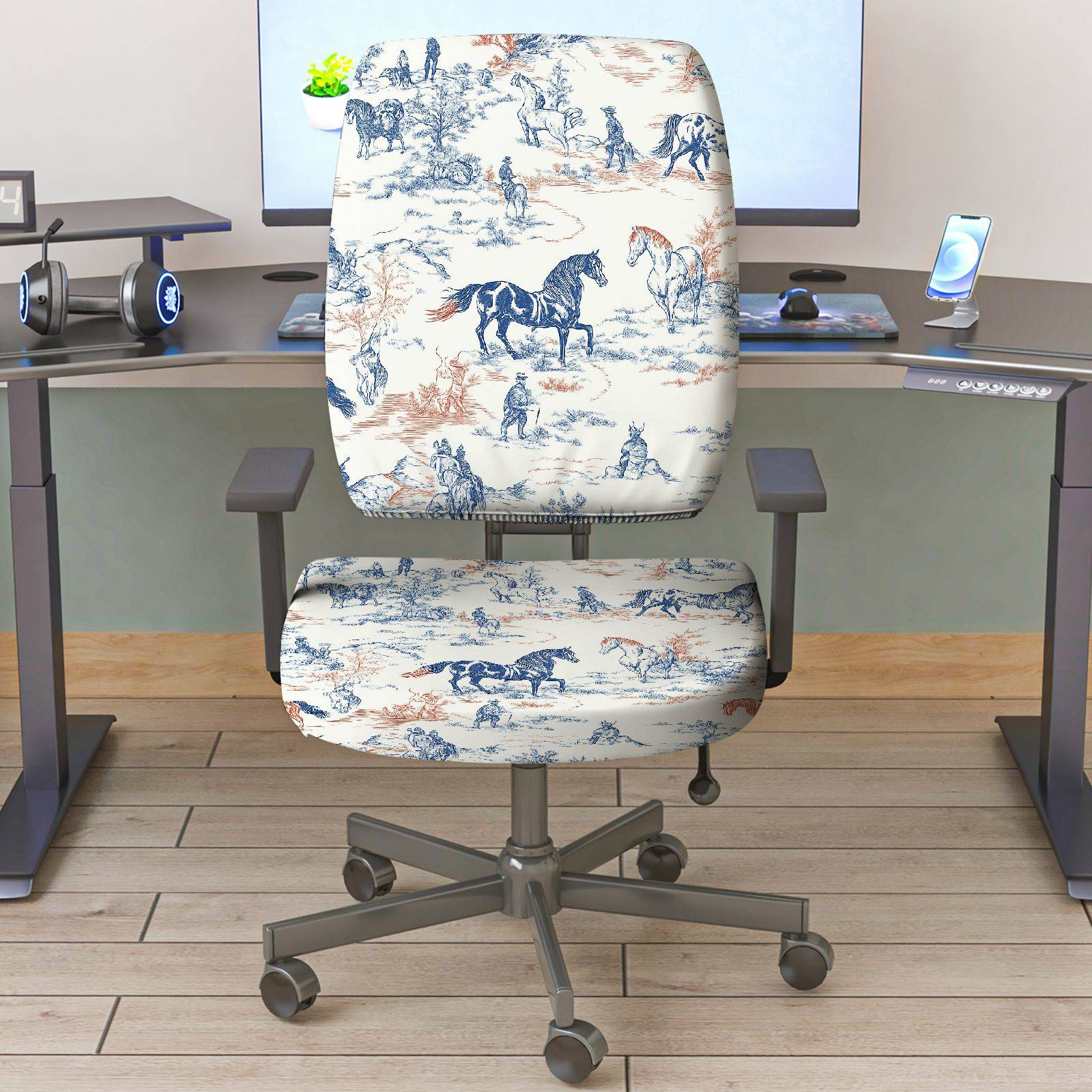 2-Piece horse pattern pastoral countryside scenery animal riding  Computer Chair Cover Set, Seat and Backrest