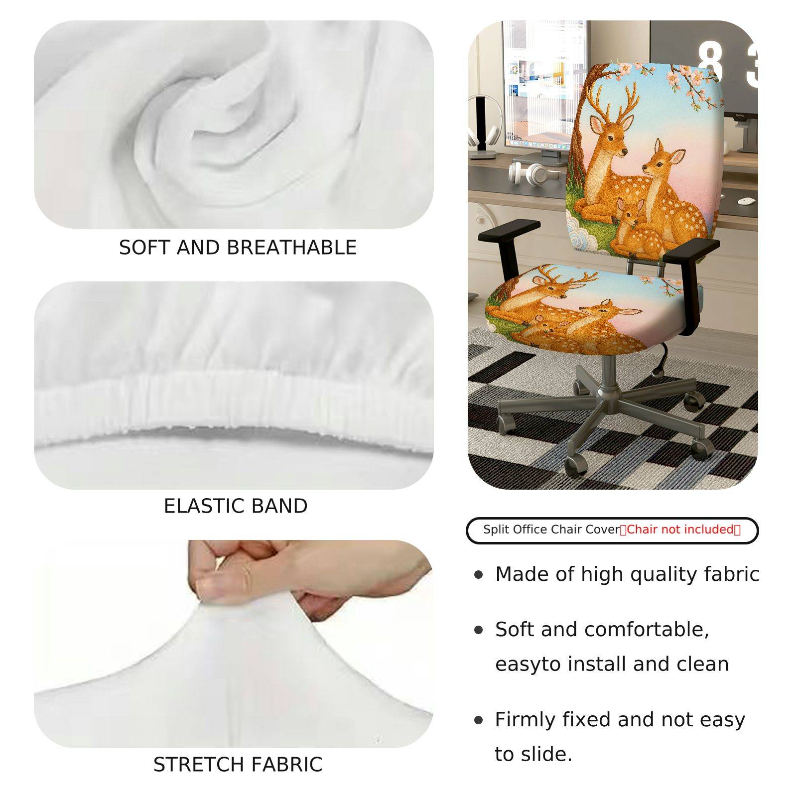 2-Piece Animal Deer Floral Pastoral Spring Festival  Computer Chair Cover Set, Seat and Backrest