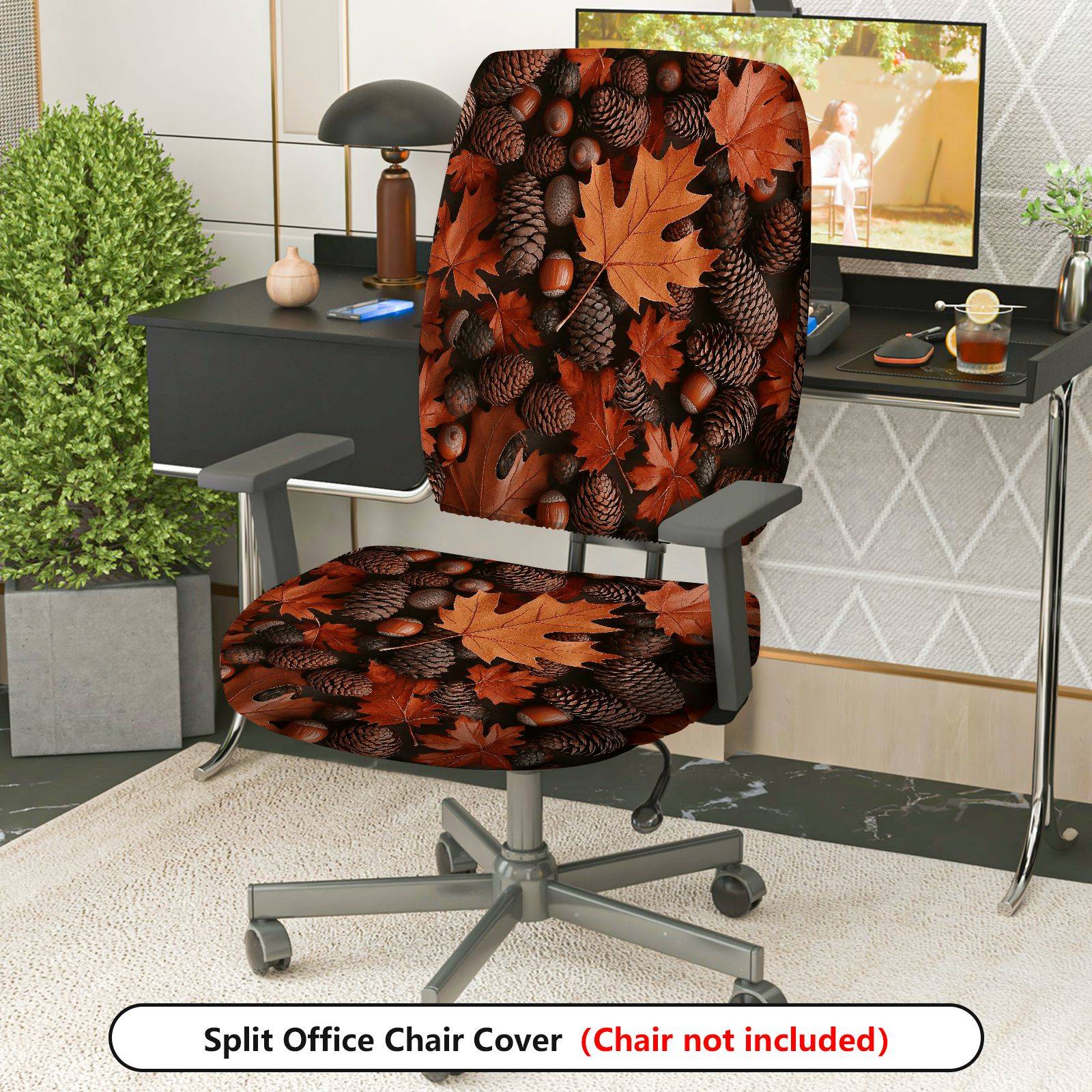 2-Piece Autumn Leaves Pinecones Acorns Fall Decorative  Computer Chair Cover Set, Seat and Backrest