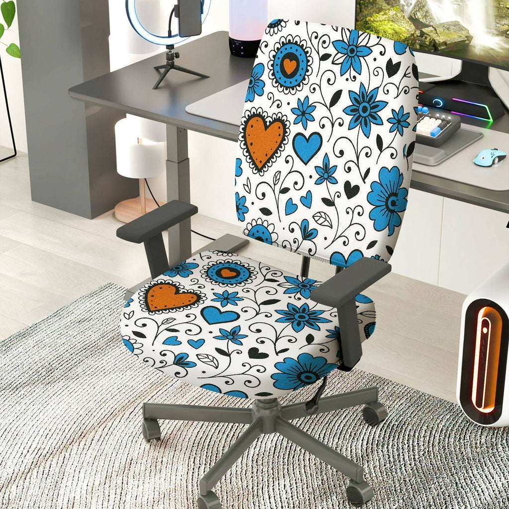 2-Piece Heart Floral Blue Black  Computer Chair Cover Set, Seat and Backrest