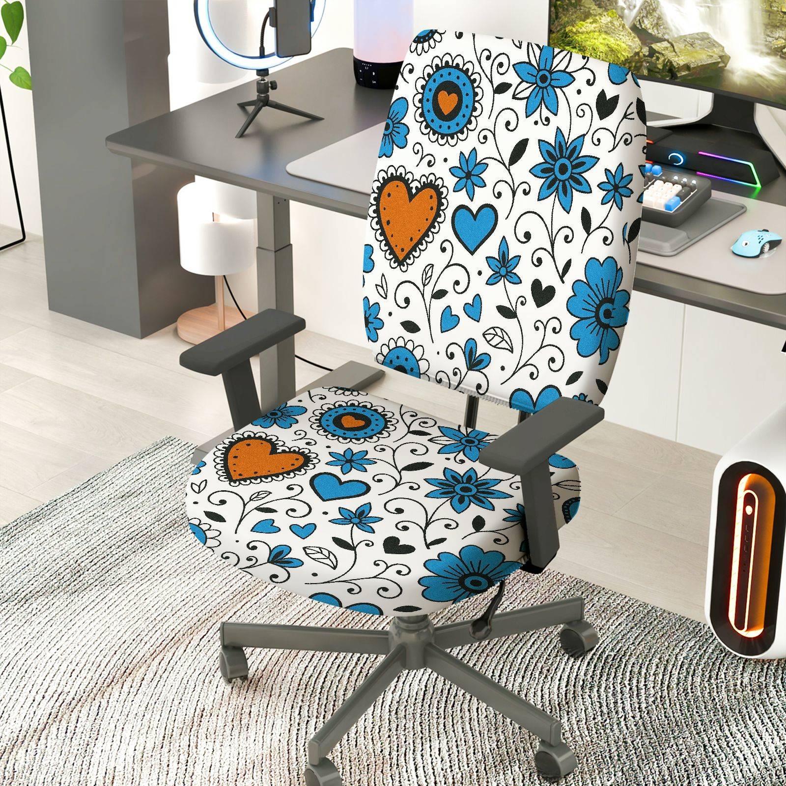 2-Piece Heart Floral Blue Black  Computer Chair Cover Set, Seat and Backrest