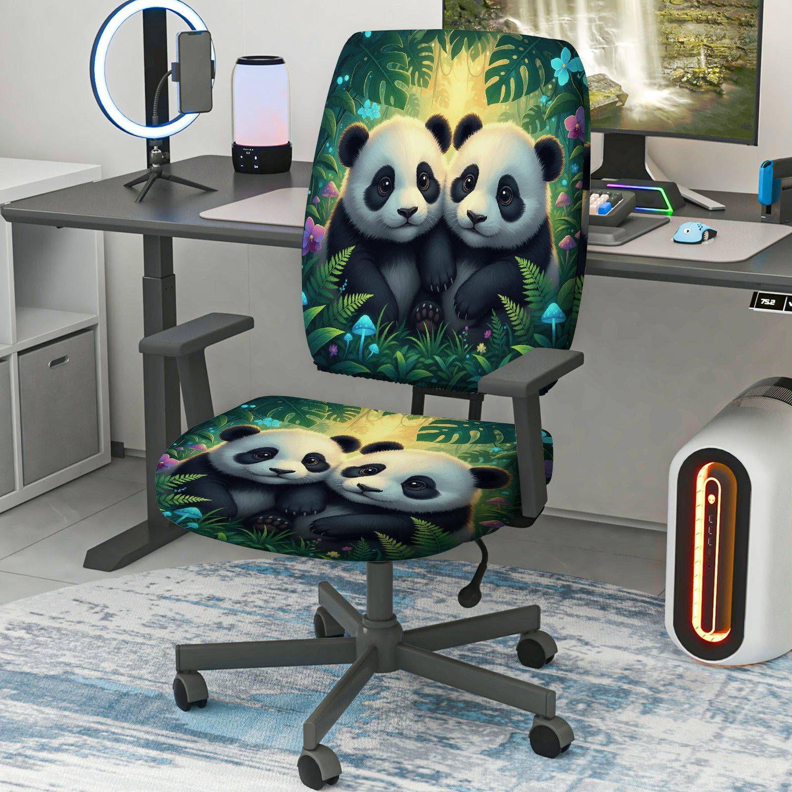 2-Piece Panda Green Jungle Nature Floral Animal  Computer Chair Cover Set, Seat and Backrest