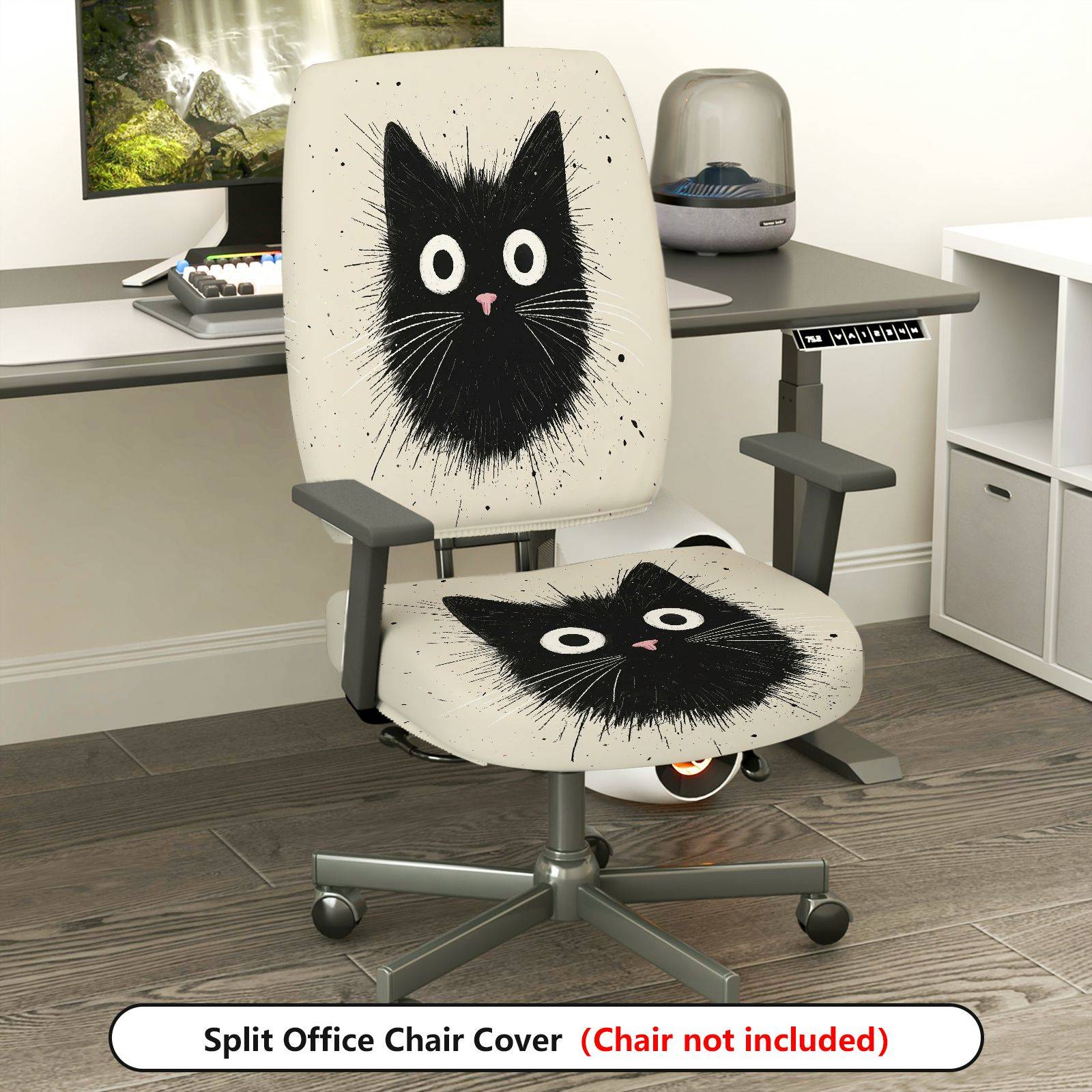 2-Piece Black Cat Halloween Fun Whimsical  Computer Chair Cover Set, Seat and Backrest