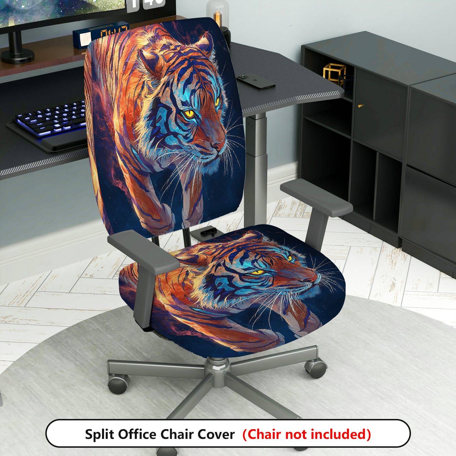 2-Piece Artistic Tiger Animal Pattern Vibrant Stylish Decorative  Computer Chair Cover Set, Seat and Backrest