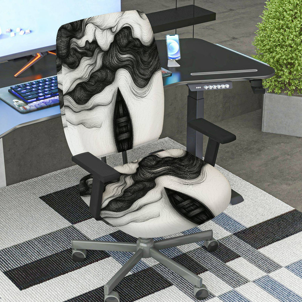 2-Piece Abstract Swirl Pattern Black White Artistic Modern  Computer Chair Cover Set, Seat and Backrest