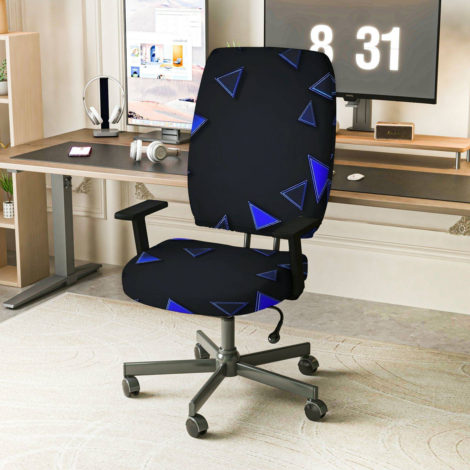 2-Piece Geometric Triangle Blue Black Modern Stylish  Computer Chair Cover Set, Seat and Backrest