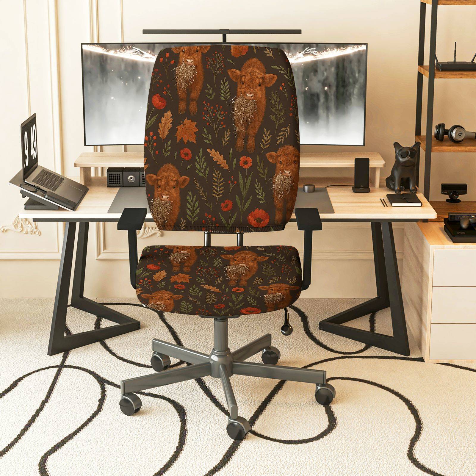 2-Piece Animal Floral Autumn Nature Art  Computer Chair Cover Set, Seat and Backrest