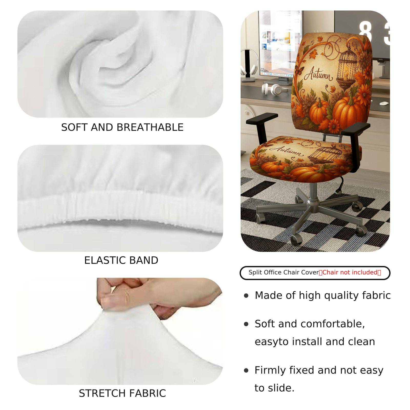 2-Piece Autumn Pumpkin Maple Leaf Lantern Fall  Computer Chair Cover Set, Seat and Backrest