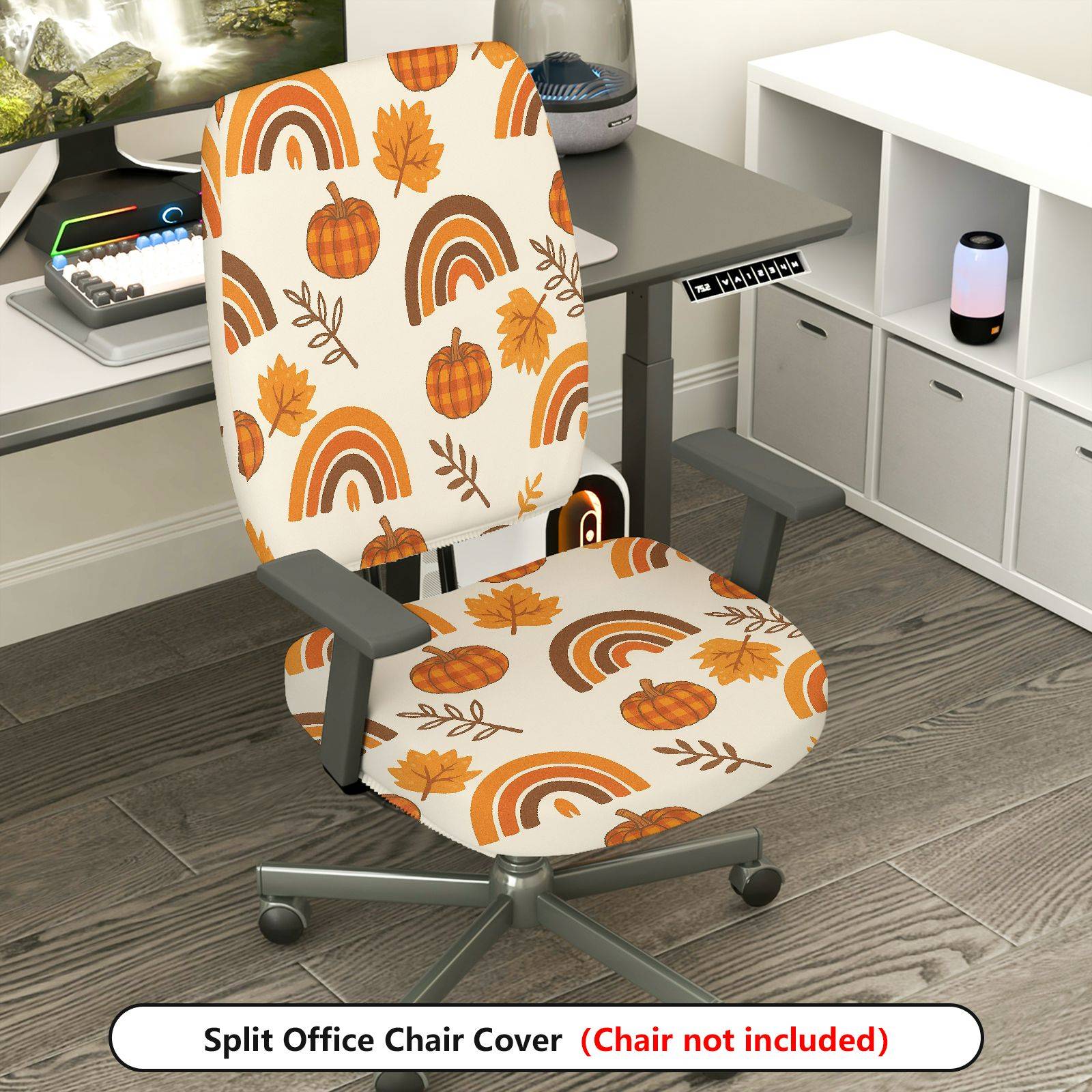 2-Piece Autumn Pumpkin Leaves Rainbow Rustic Festival  Computer Chair Cover Set, Seat and Backrest