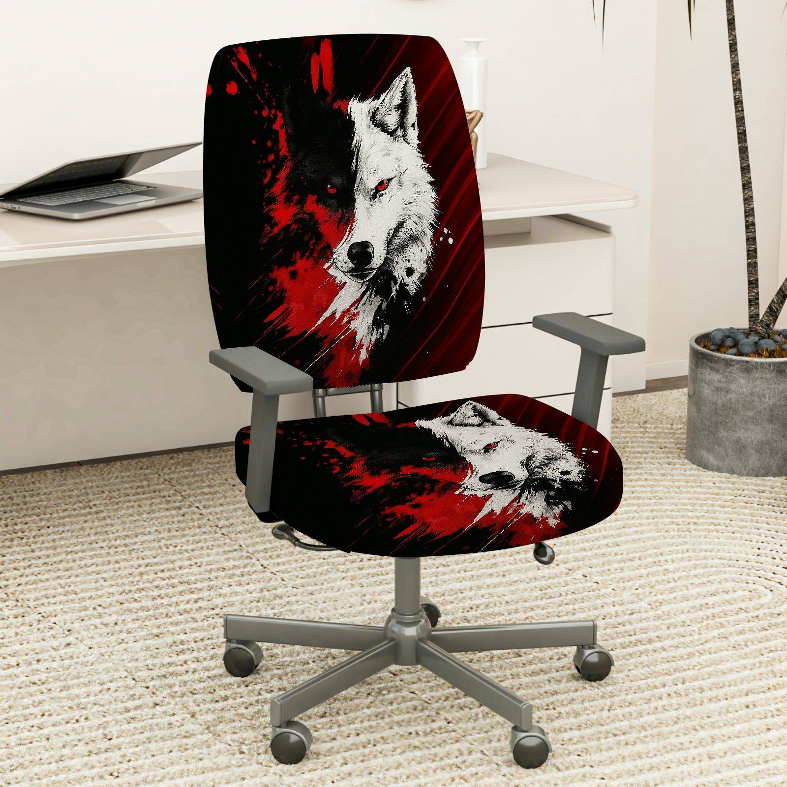 2-Piece Wolf Red Black Animal Art Stylish  Computer Chair Cover Set, Seat and Backrest