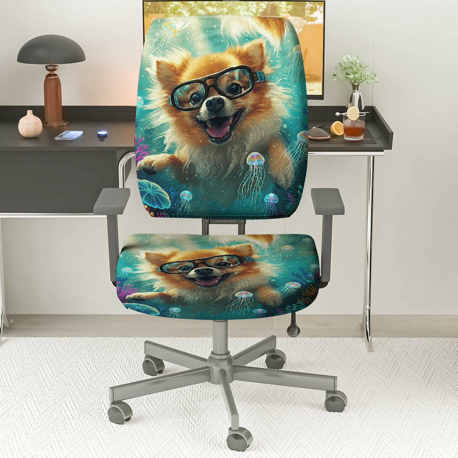 2-Piece Fun Ocean Animal Dog Glasses  Computer Chair Cover Set, Seat and Backrest