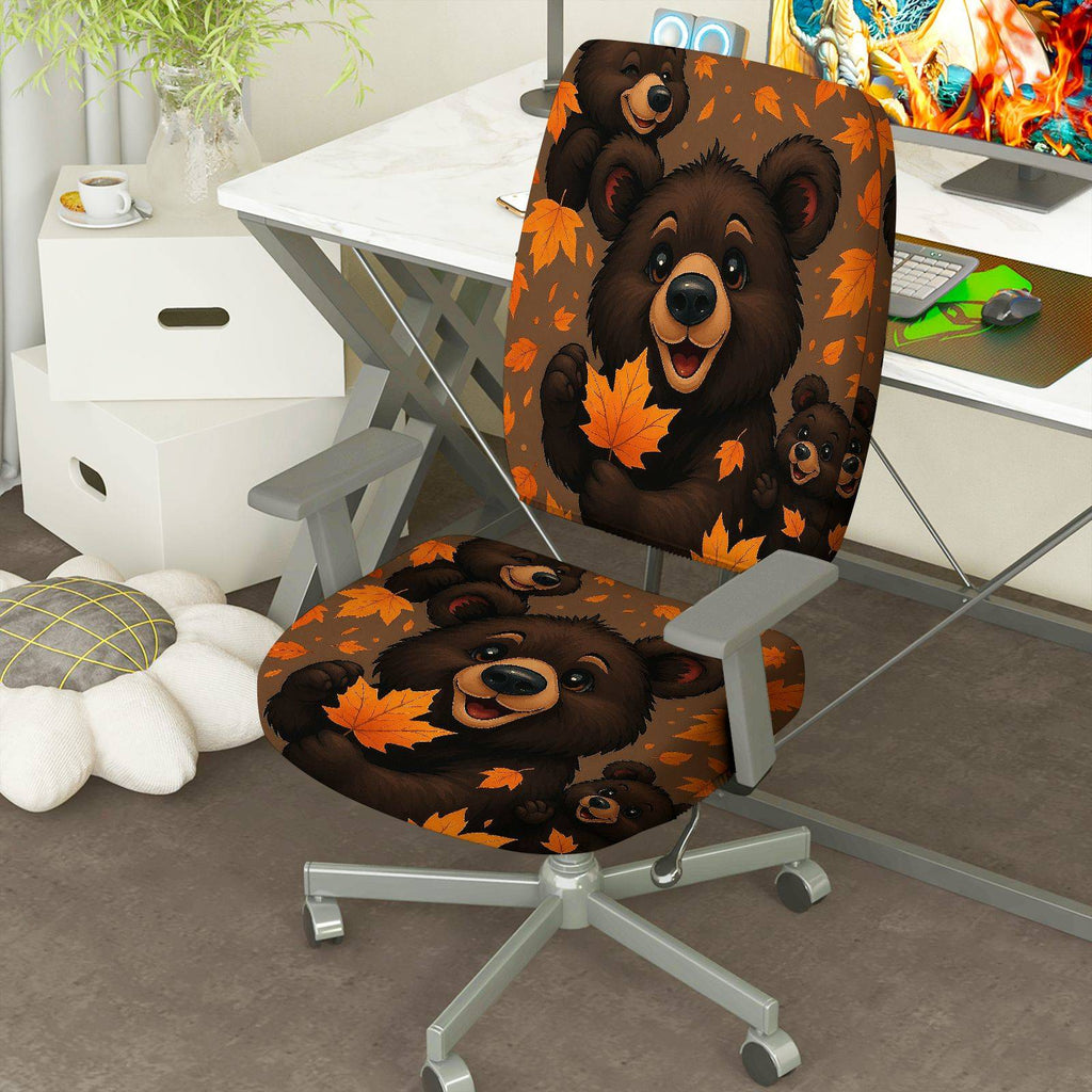 2-Piece Autumn Bear Warm Cozy Fun  Computer Chair Cover Set, Seat and Backrest