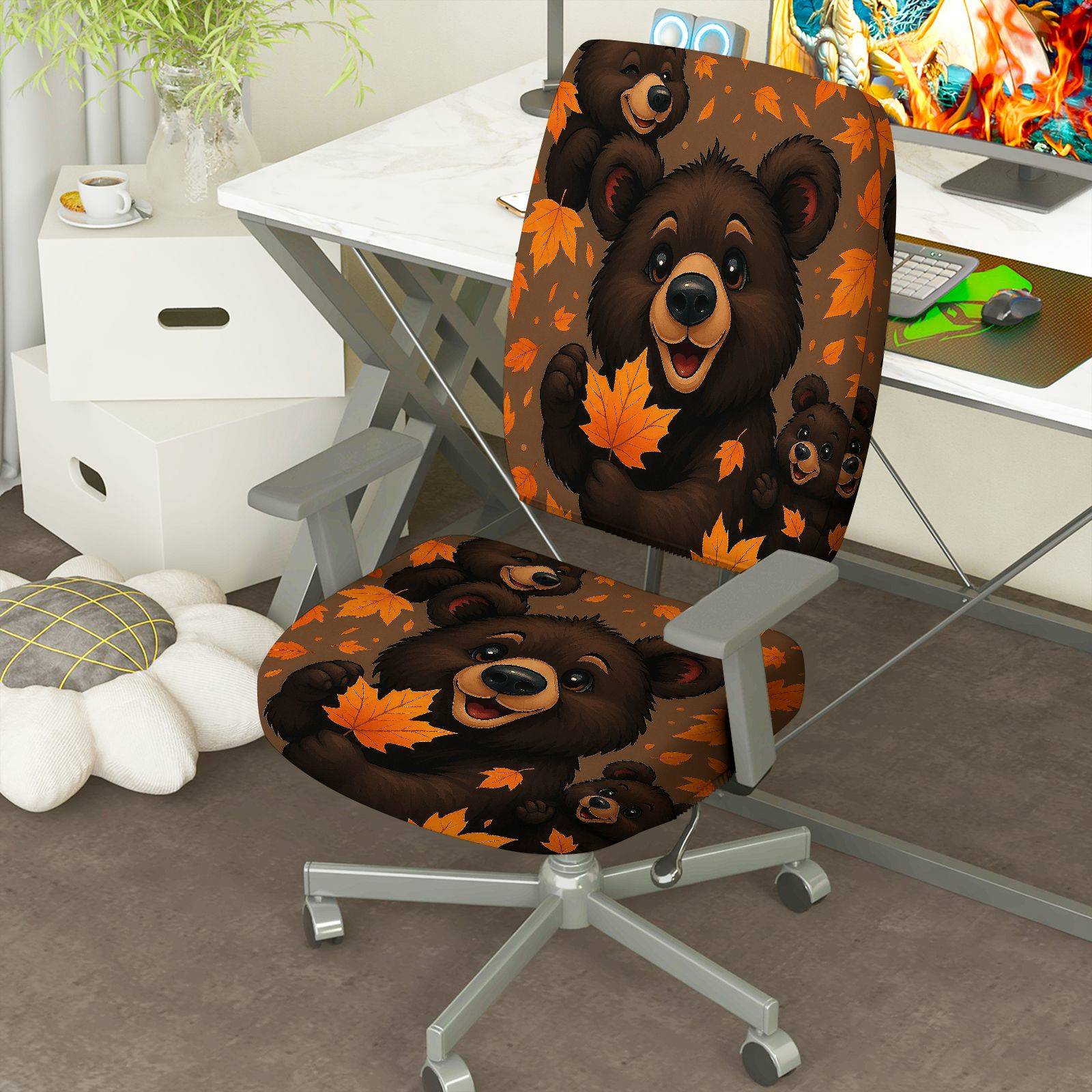 2-Piece Autumn Bear Warm Cozy Fun  Computer Chair Cover Set, Seat and Backrest