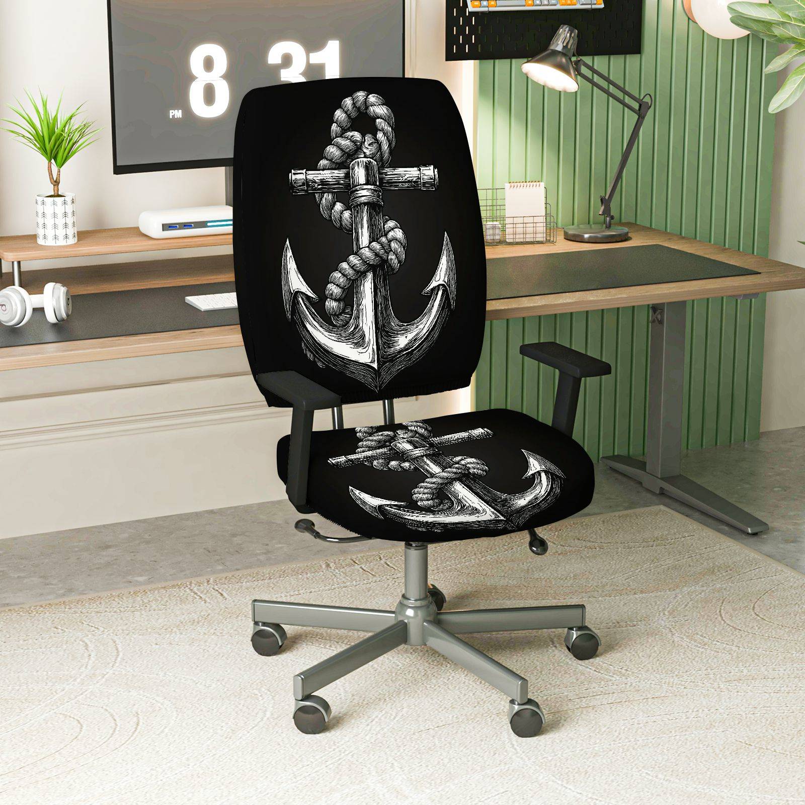 2-Piece Anchor Nautical Rope Marine Ocean Sea  Computer Chair Cover Set, Seat and Backrest