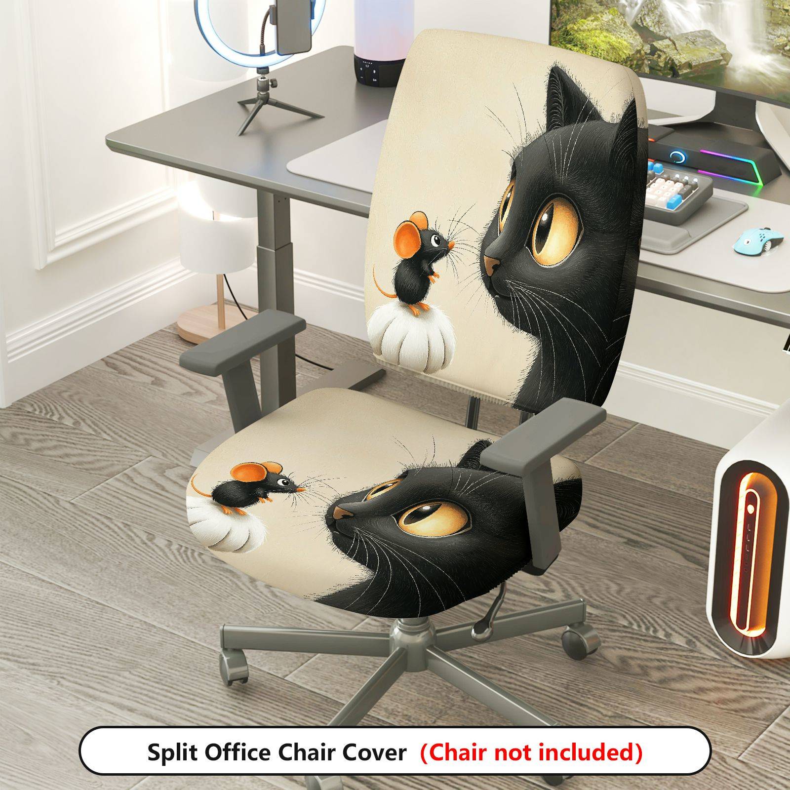 2-Piece Cat Mouse Fun Cute Animal  Computer Chair Cover Set, Seat and Backrest