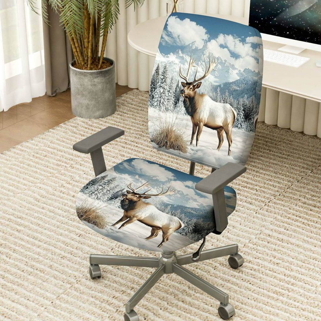 2-Piece Animal Mountain Snow Winter Elk  Computer Chair Cover Set, Seat and Backrest