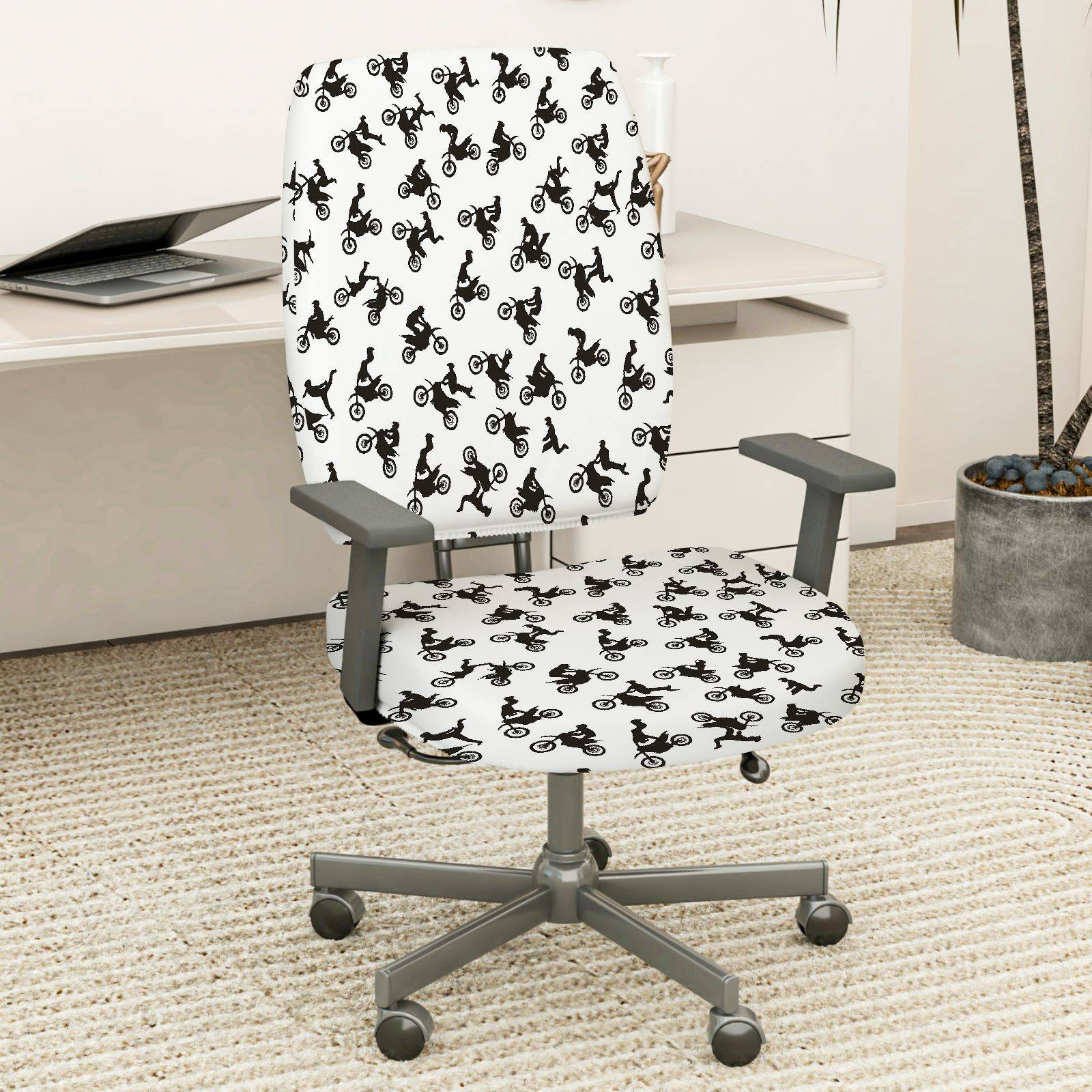 2-Piece Motorcycle Stunt Black White Pattern  Computer Chair Cover Set, Seat and Backrest