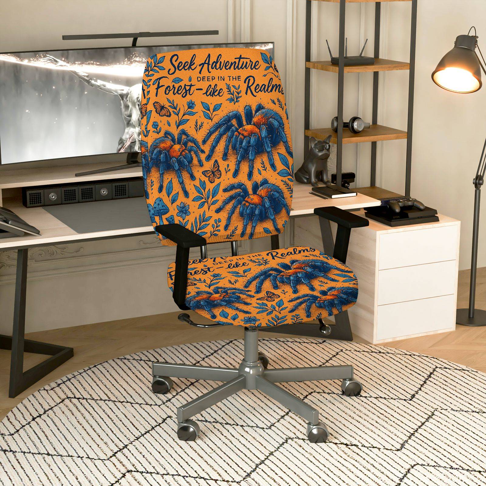 2-Piece Adventure Theme Forest Spider Pattern Halloween  Computer Chair Cover Set, Seat and Backrest