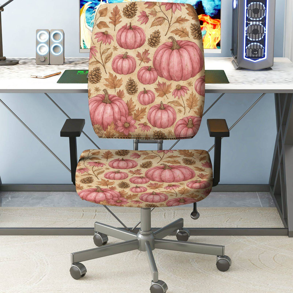 2-Piece Autumn Pumpkin Pinecone Maple Leaves Thanksgiving  Computer Chair Cover Set, Seat and Backrest