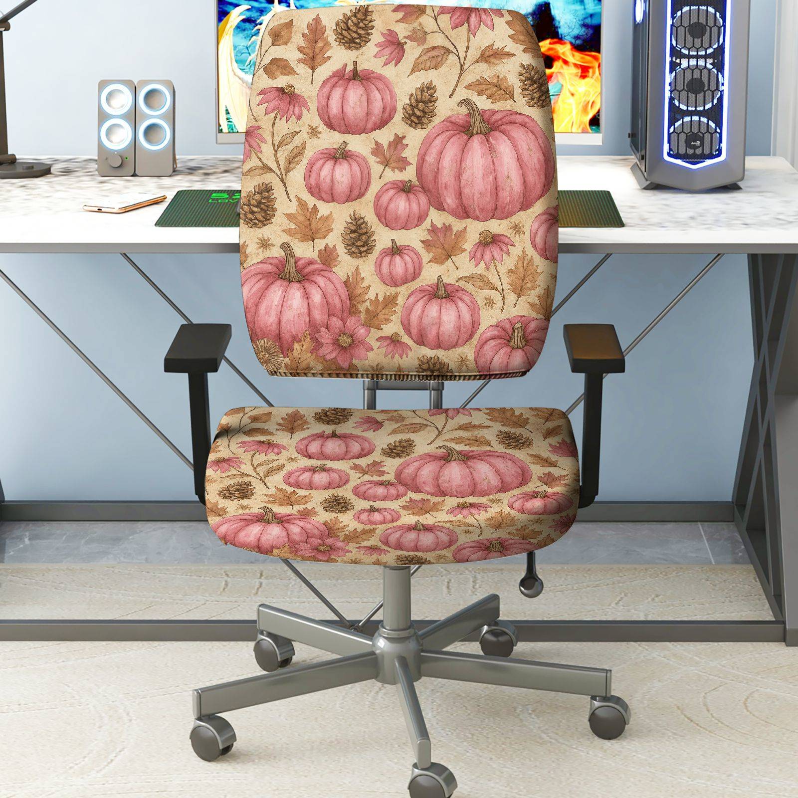 2-Piece Autumn Pumpkin Pinecone Maple Leaves Thanksgiving  Computer Chair Cover Set, Seat and Backrest