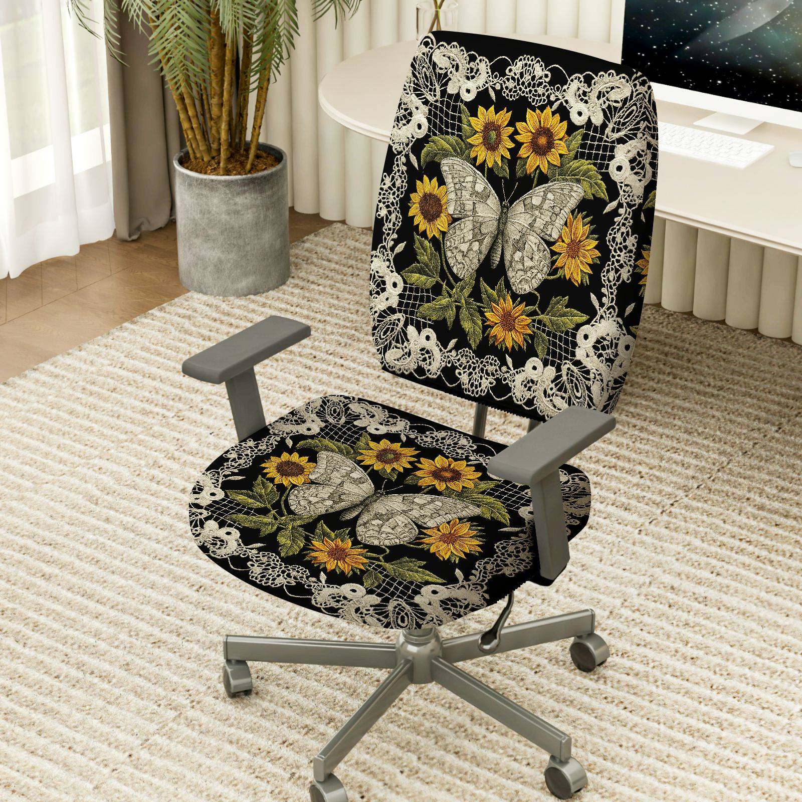 2-Piece Butterfly Floral Lace Sunflower Black  Computer Chair Cover Set, Seat and Backrest