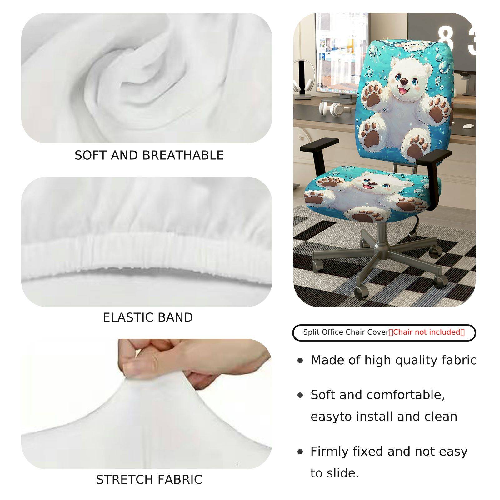 2-Piece Cute Polar Bear Blue Bubbles Animal Print  Computer Chair Cover Set, Seat and Backrest