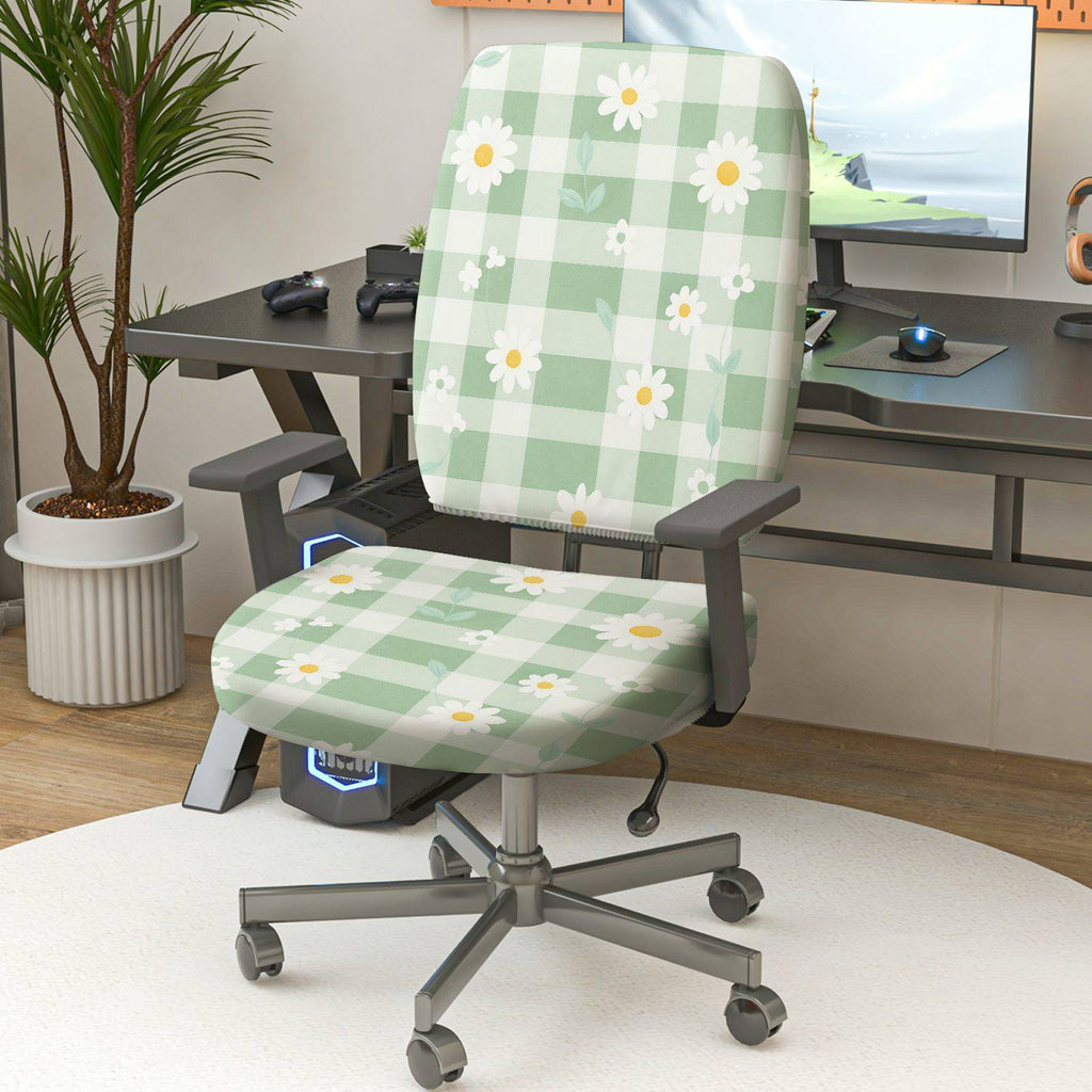 2-Piece Green Checkered Daisy Floral Pattern Spring  Computer Chair Cover Set, Seat and Backrest