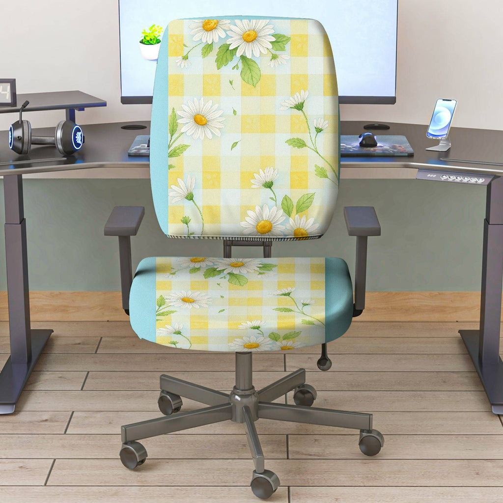 2-Piece Yellow Floral Daisy Checkered Spring Summer  Computer Chair Cover Set, Seat and Backrest