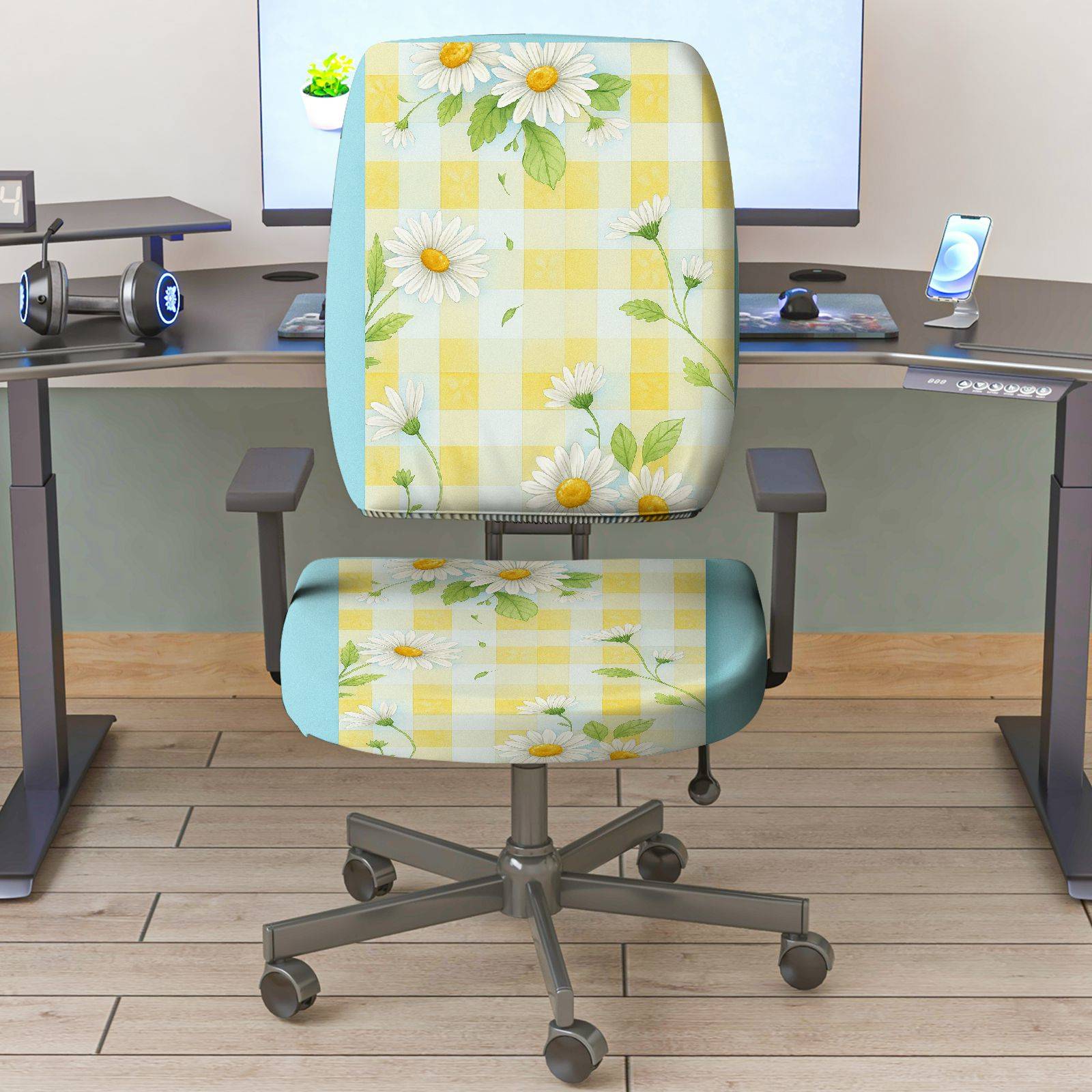 2-Piece Yellow Floral Daisy Checkered Spring Summer  Computer Chair Cover Set, Seat and Backrest