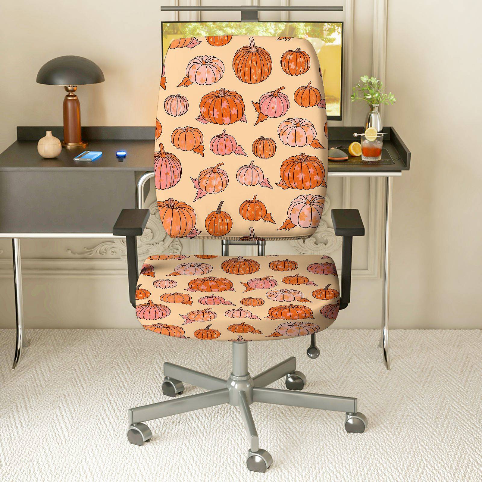2-Piece Autumn Pumpkin Halloween Festival Thanksgiving Decorative  Computer Chair Cover Set, Seat and Backrest