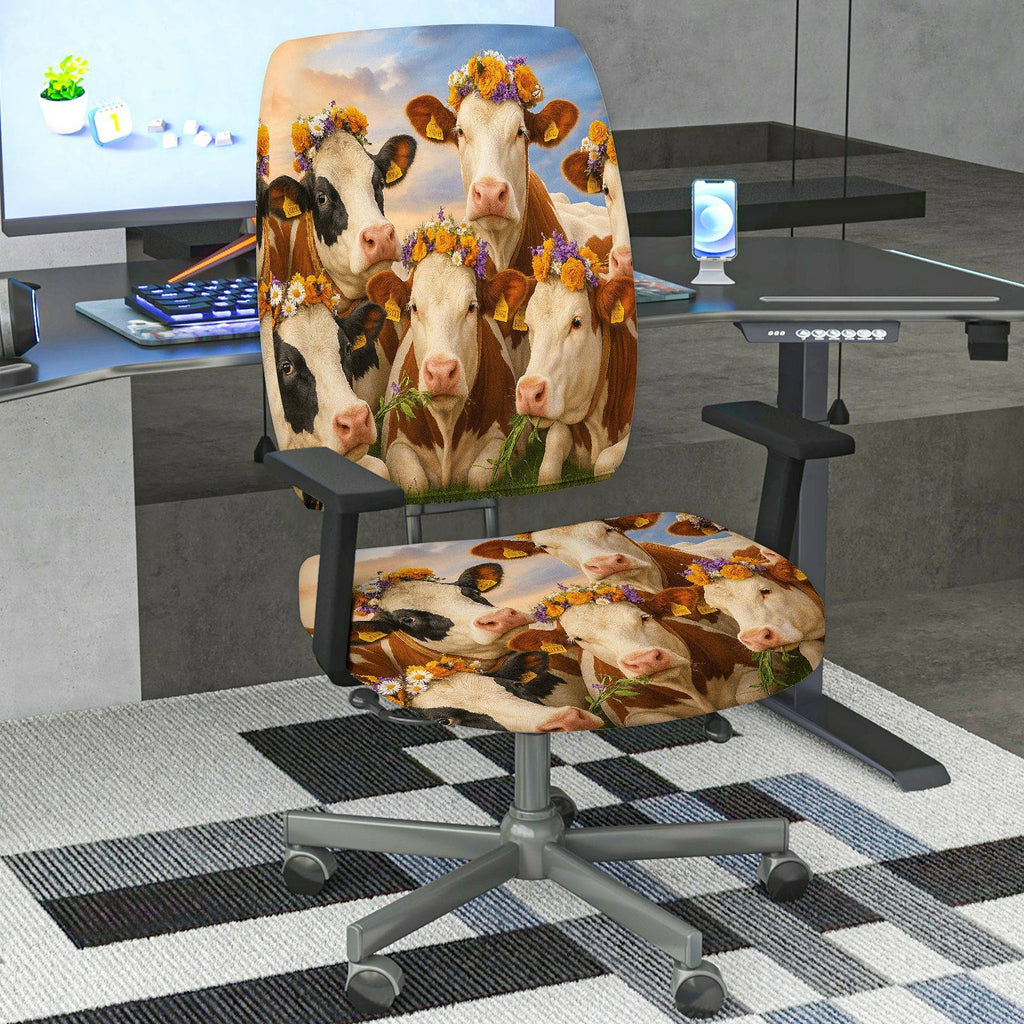 2-Piece Animal Nature Floral Art Cow  Computer Chair Cover Set, Seat and Backrest