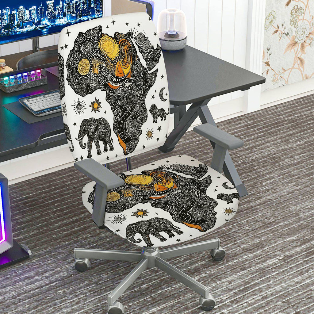 2-Piece African Continent Elephant Star Sun Moon  Computer Chair Cover Set, Seat and Backrest
