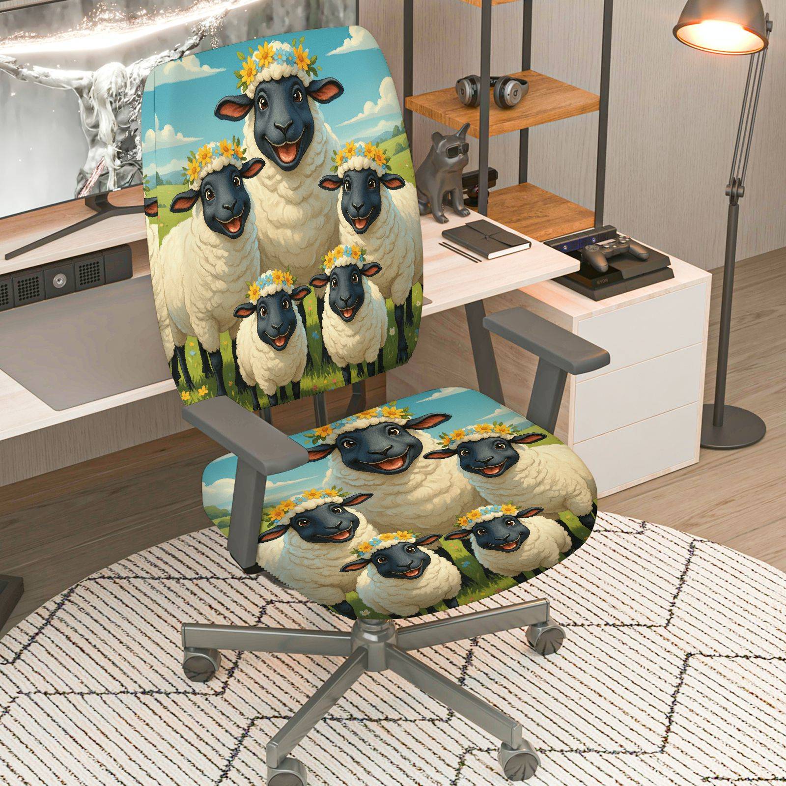 2-Piece Cute Sheep Floral Farm Animal Pastoral Cozy  Computer Chair Cover Set, Seat and Backrest