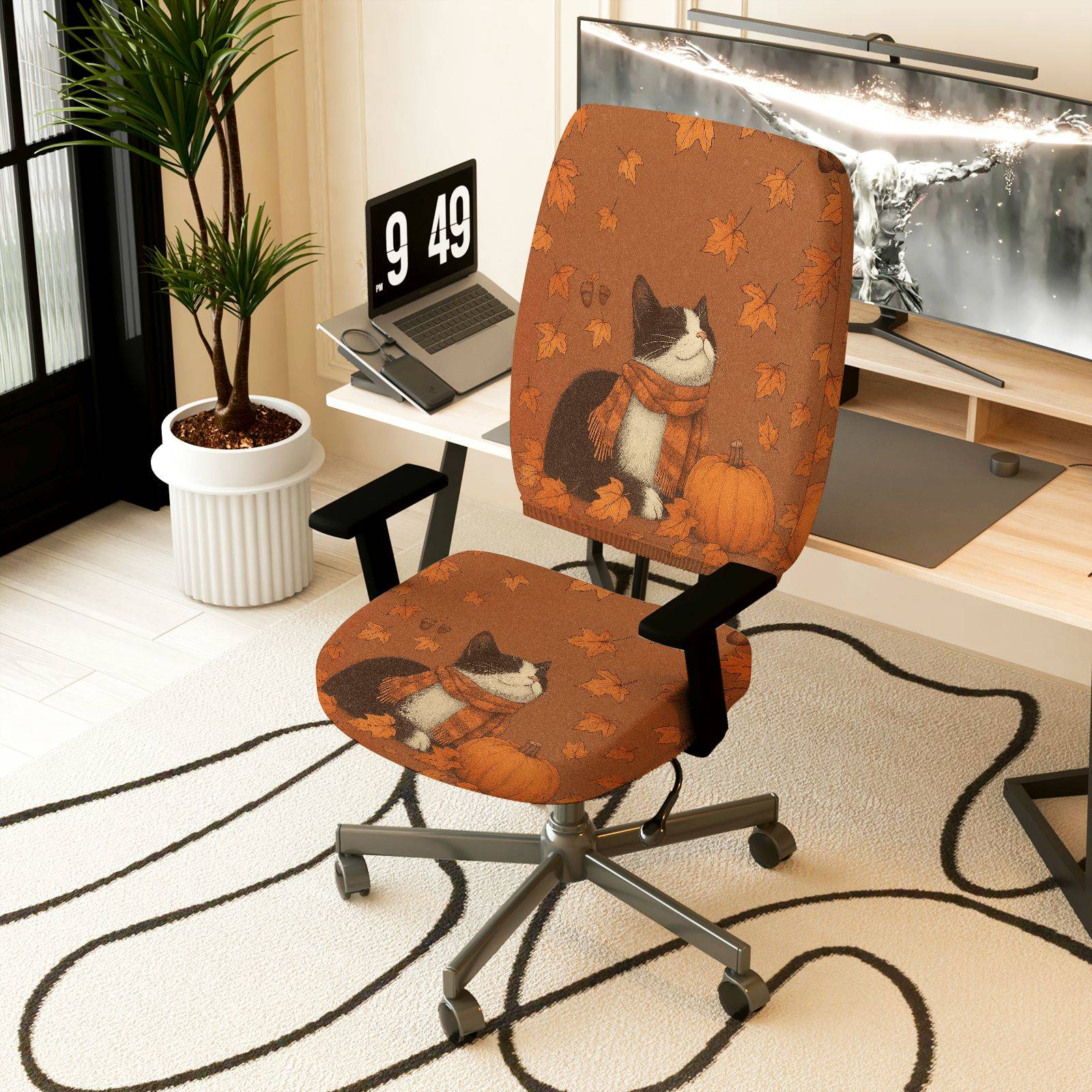 2-Piece Autumn Leaves Pumpkin Cat Warm  Computer Chair Cover Set, Seat and Backrest