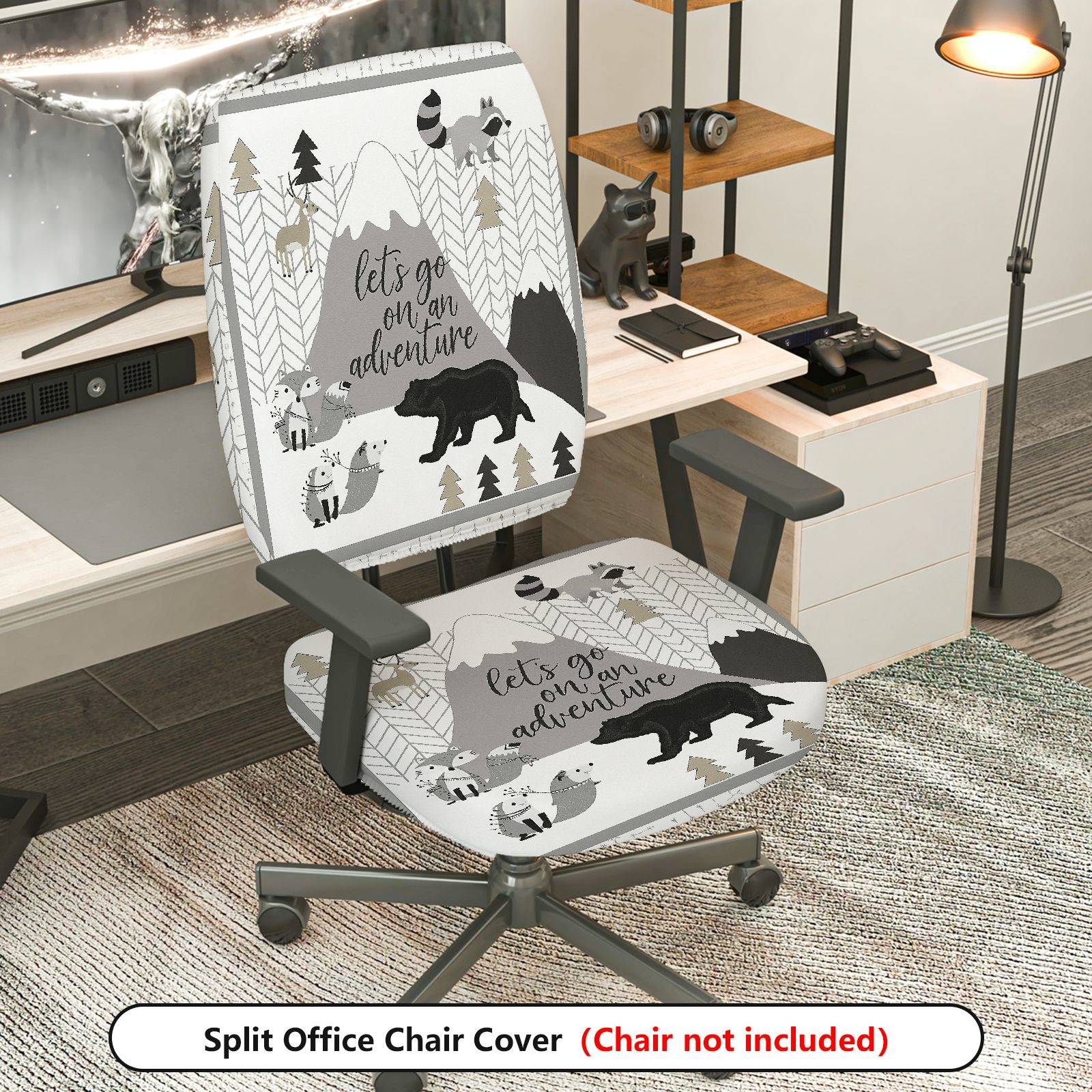 2-Piece Adventure Forest Mountain Animal Bear  Computer Chair Cover Set, Seat and Backrest