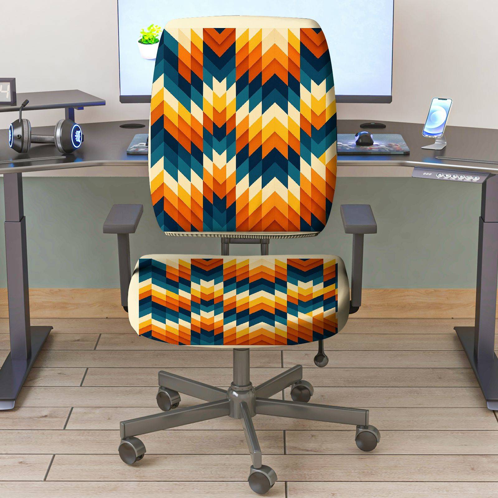 2-Piece Colorful Geometric Wave Pattern  Computer Chair Cover Set, Seat and Backrest