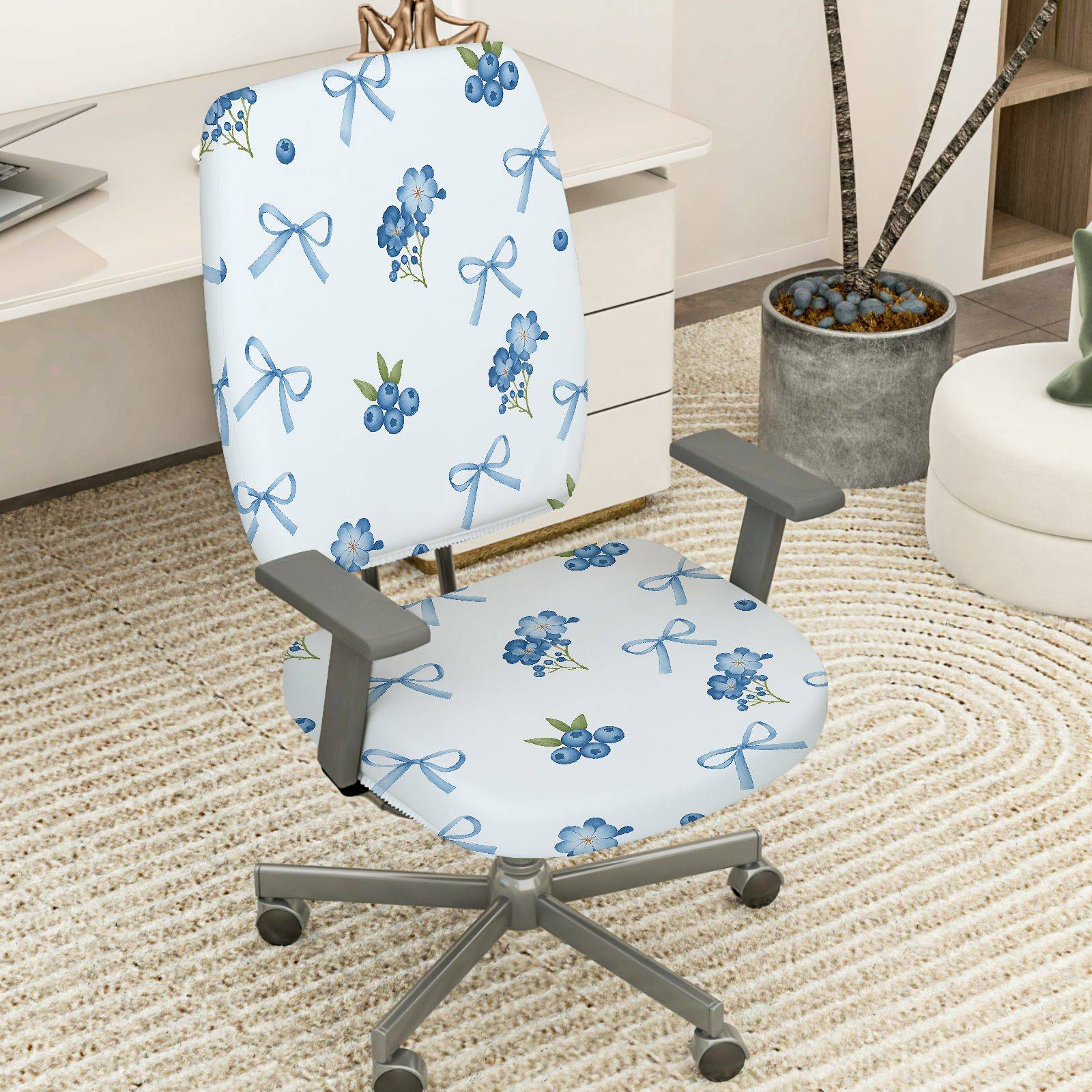 2-Piece Floral Bow Blueberry Pattern Cute  Computer Chair Cover Set, Seat and Backrest